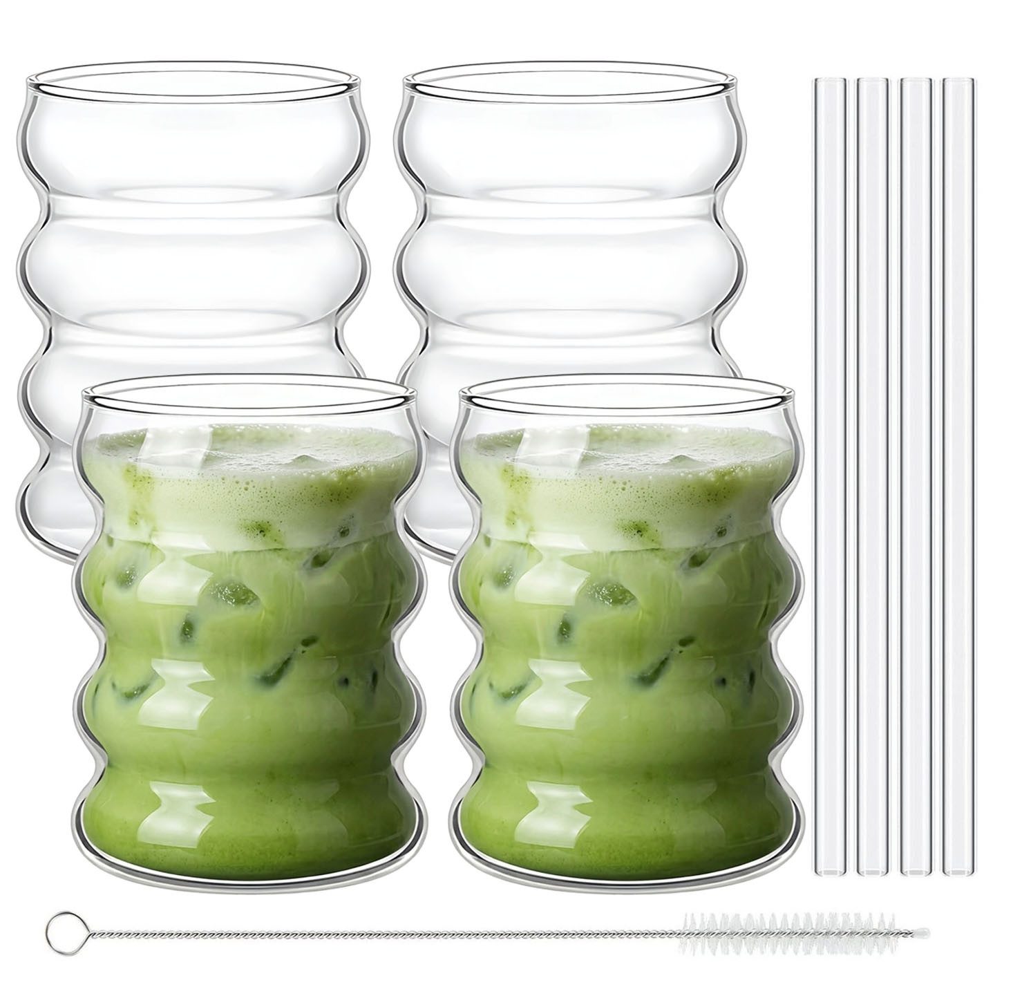 glanzerie Gläser-Set 4er Set Iced Matcha Latte Trinkgläser 350ml Wellenform Wassergläser, für Latte Macchiato, Cappuccino, Eiskaffee, Smoothies, Cocktails