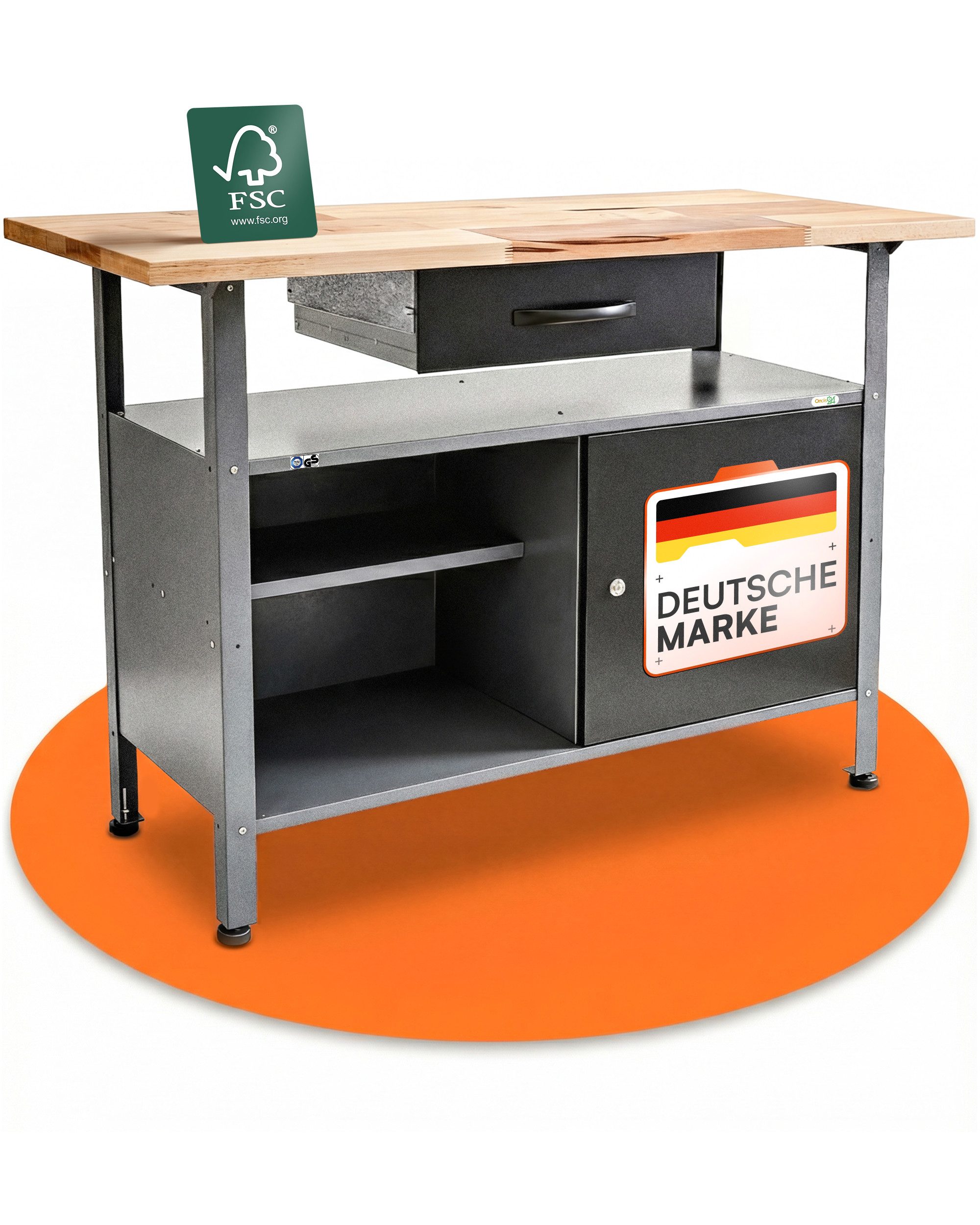 ONDIS24 Werkbank Werktisch Fritz - höhenverstellbare Füße, 2 Schubladen, Metall, 120x60x85(H) cm, abschließbare Tür, belastbar Bis 250kg