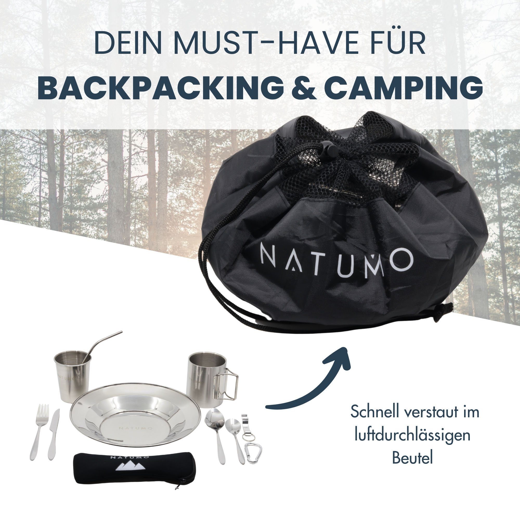 natumo Besteck-Set natumo Camping Geschirr Set 10-teilig – Edelstahl Reisebesteck (10-tlg), Edelstahl – Bild 5 von 5