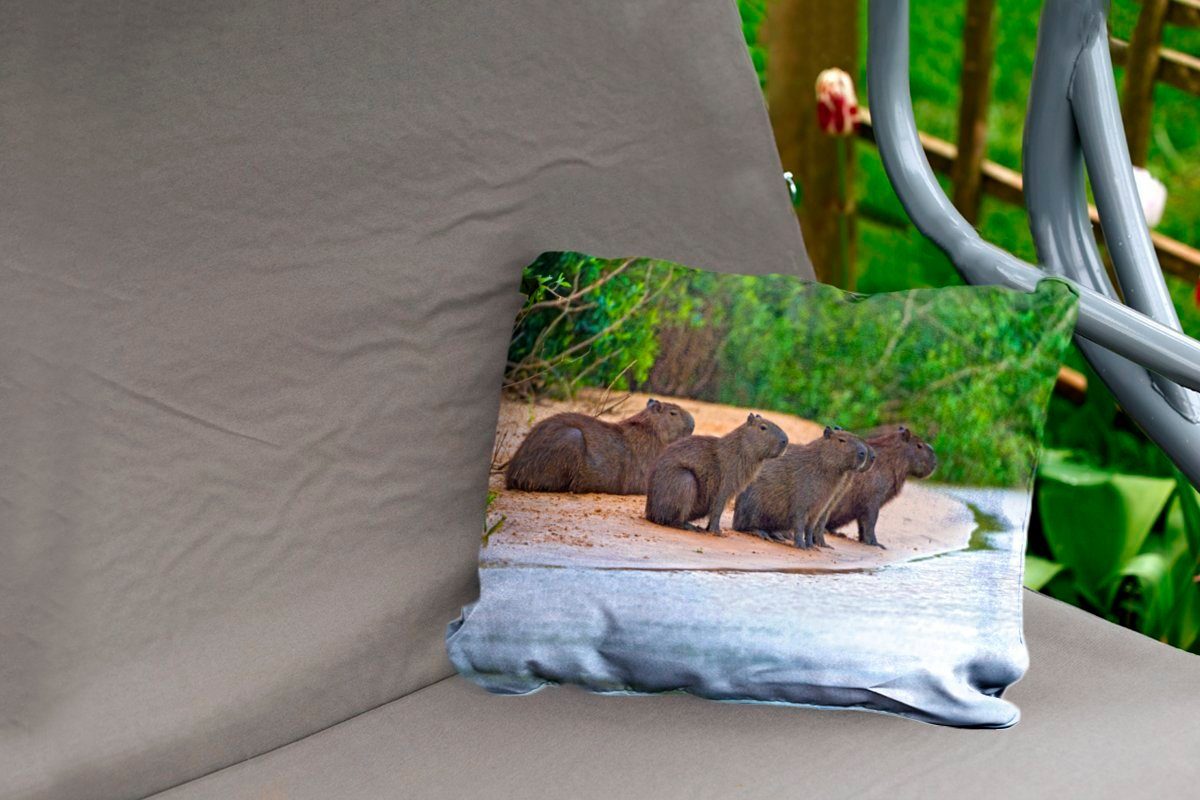 einer auf Polyester, MuchoWow Dekokissenbezug, sitzen im Sandbank Pantanal, Vier Dekokissen Wasserschweine Kissenhülle Outdoor-Dekorationskissen,