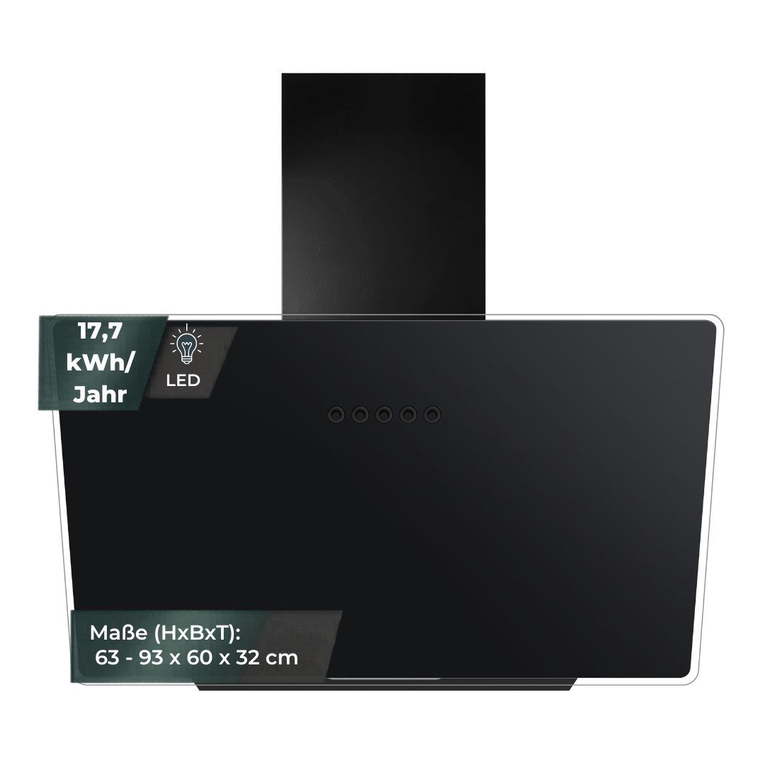 YUNA Kopffreihaube Dunstabzugshaube DUANA Glasfront 3 Leistungsstufen 60cm, LED Beleuchtung, Abluft & Umluft, schwarz, o. Kohlefilter