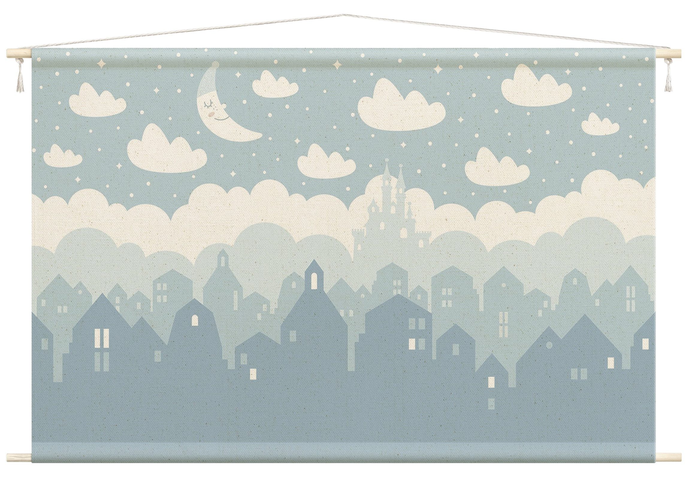 Bilderdepot24 Wandteppich Jungenzimmer modern Städte blau, rechteckig, Höhe: 2.6 mm, großes Wandbild aus Natur-Baumwolle Wandbehang Stoffbild Tuch Wollseil