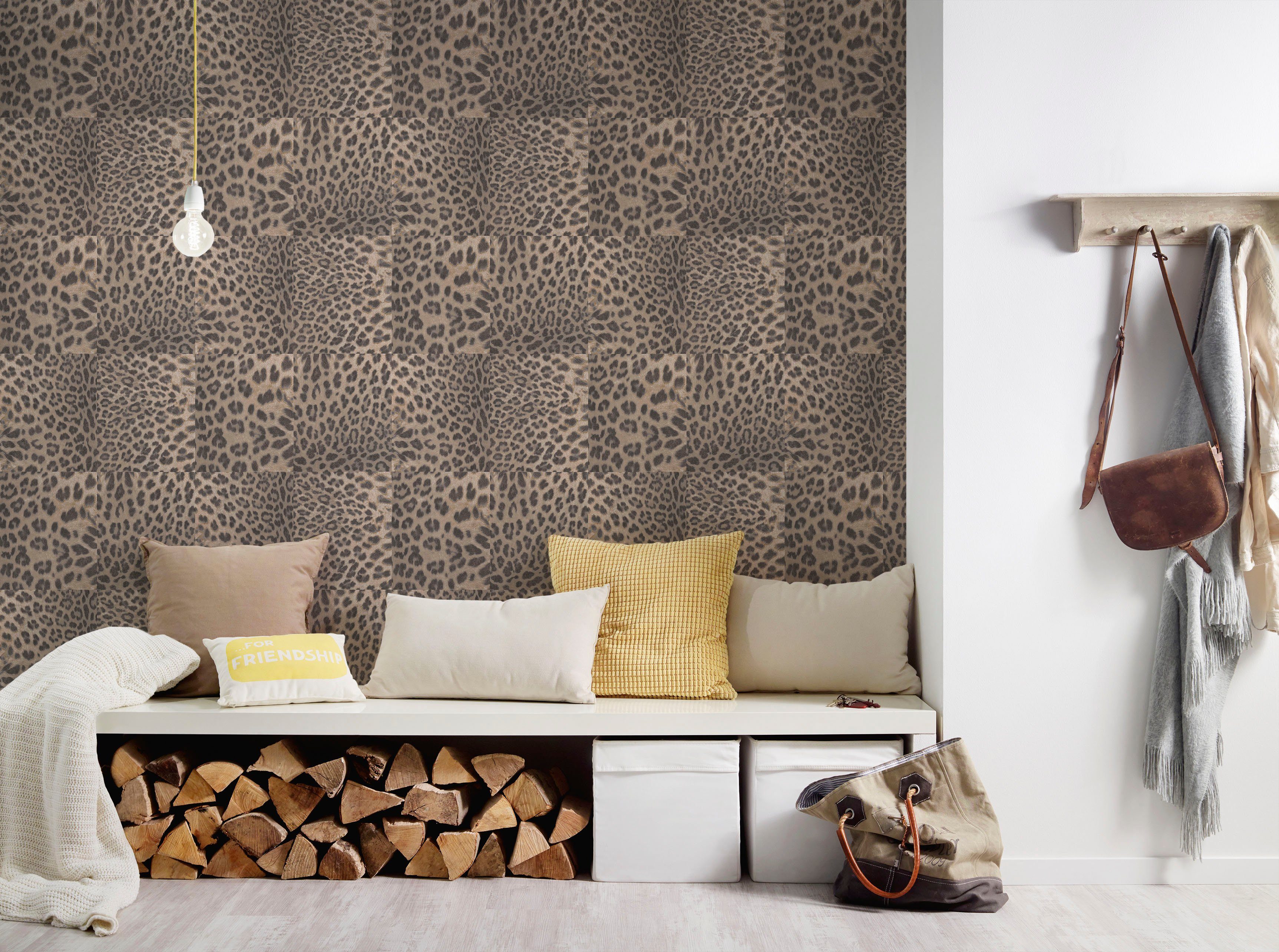 living walls strukturiert, print, braun/beige Vliestapete Desert Leopardenmuster gemustert, Fellimitat, animal Tapete Lodge