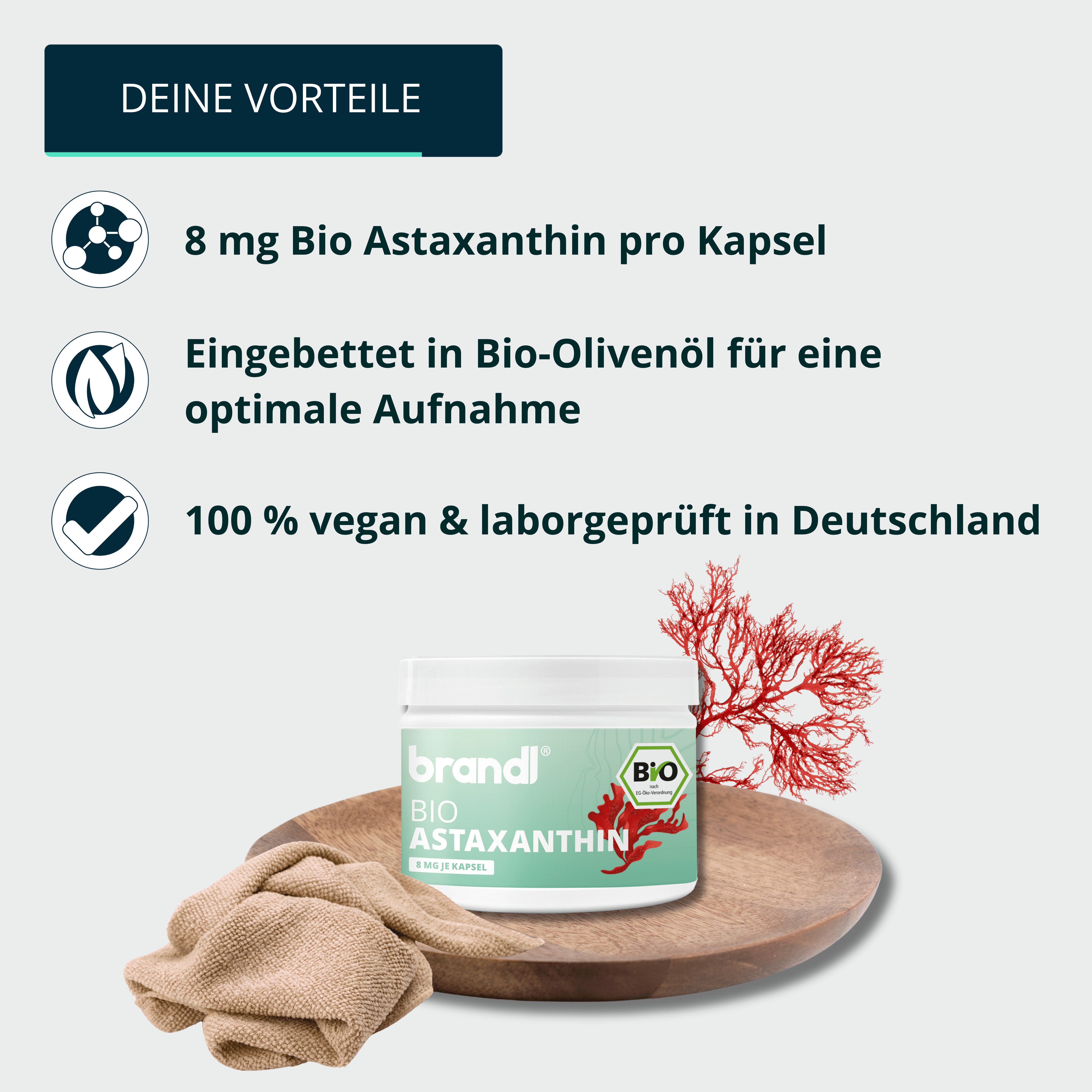 Brandl Nutrition Astaxanthin hochdosiert Bio Kapseln mit Antioxidantien - 8mg je Kapsel Kapseln, 90 St., Ohne Zusatzstoffe, abgefüllt in Deutschland, Premium-Qualität