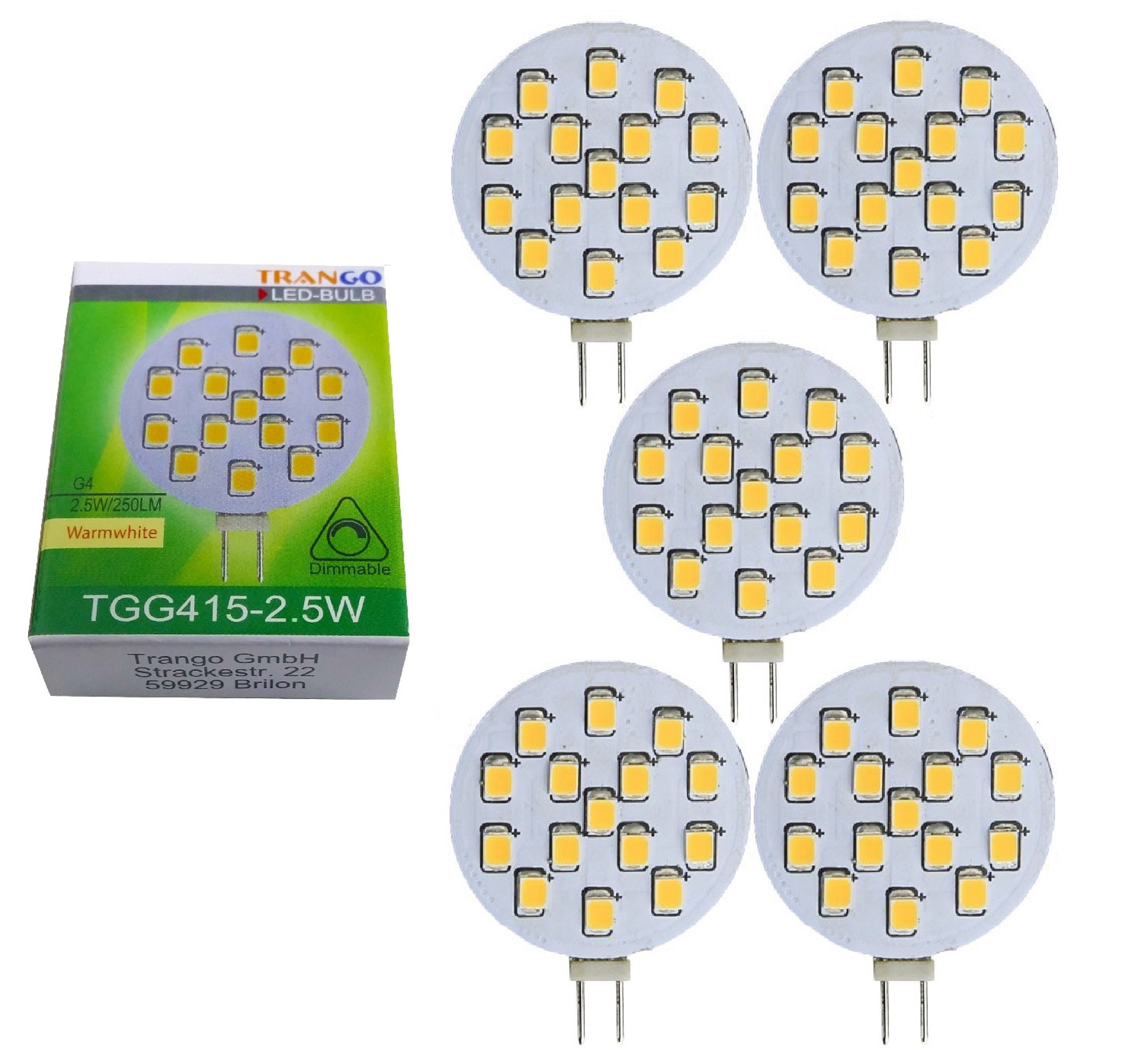 TRANGO LED-Leuchtmittel, 5er Pack G415-2.5/5 LED Leuchtmittel G4 Fassung zum Austausch G4 MR16 Halogen Leuchtmittel 12Volt AC/DC - 2.5 Watt 250 Lumen 3000K warmweiß Möbel Einbaustrahler, 5 St., Schrank Einbauleuchte, Deckenleuchte