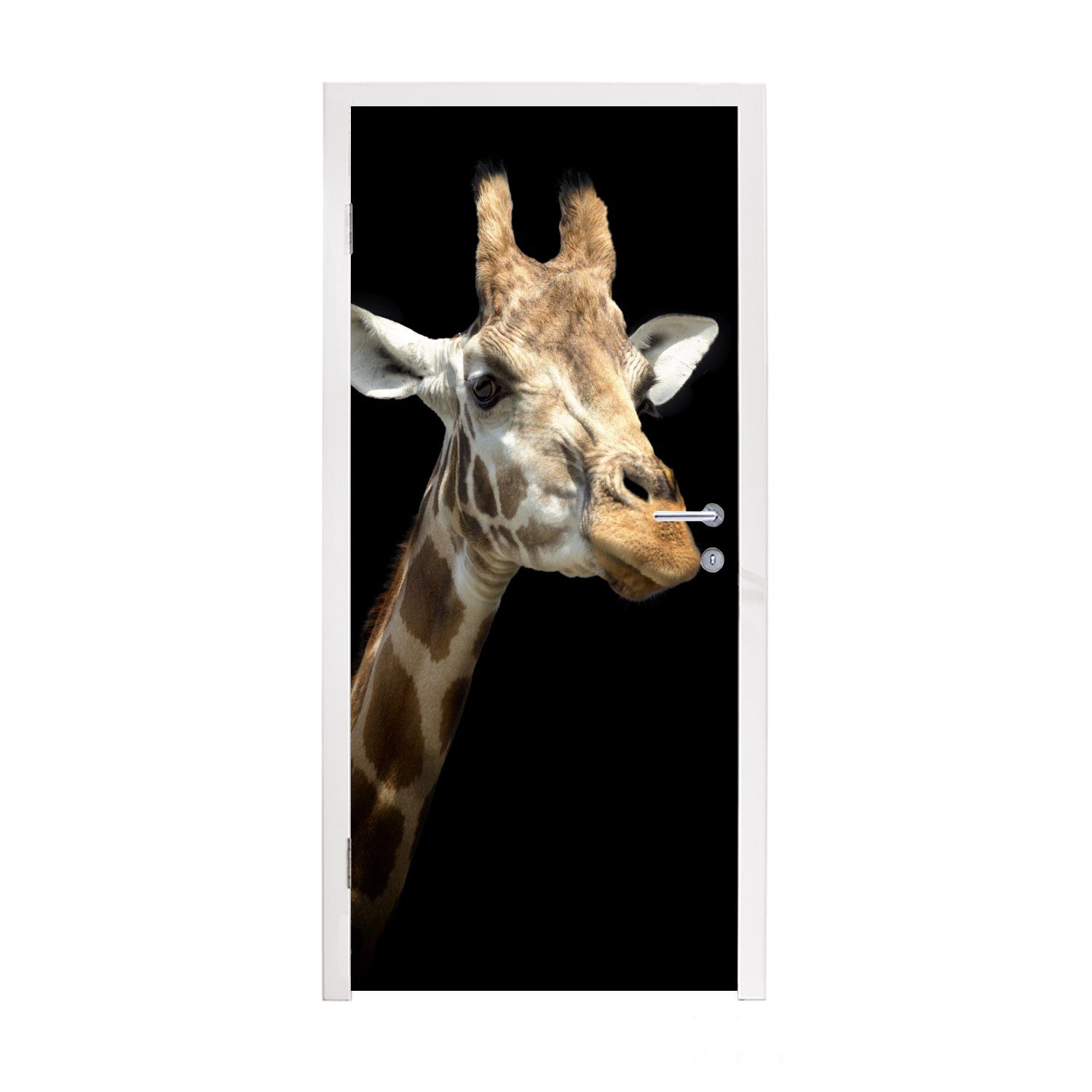 MuchoWow Türtapete Giraffenkopf für schwarzen Hintergrund, Matt, bedruckt, (1 St), Fototapete für Tür, Türaufkleber, 75x205 cm