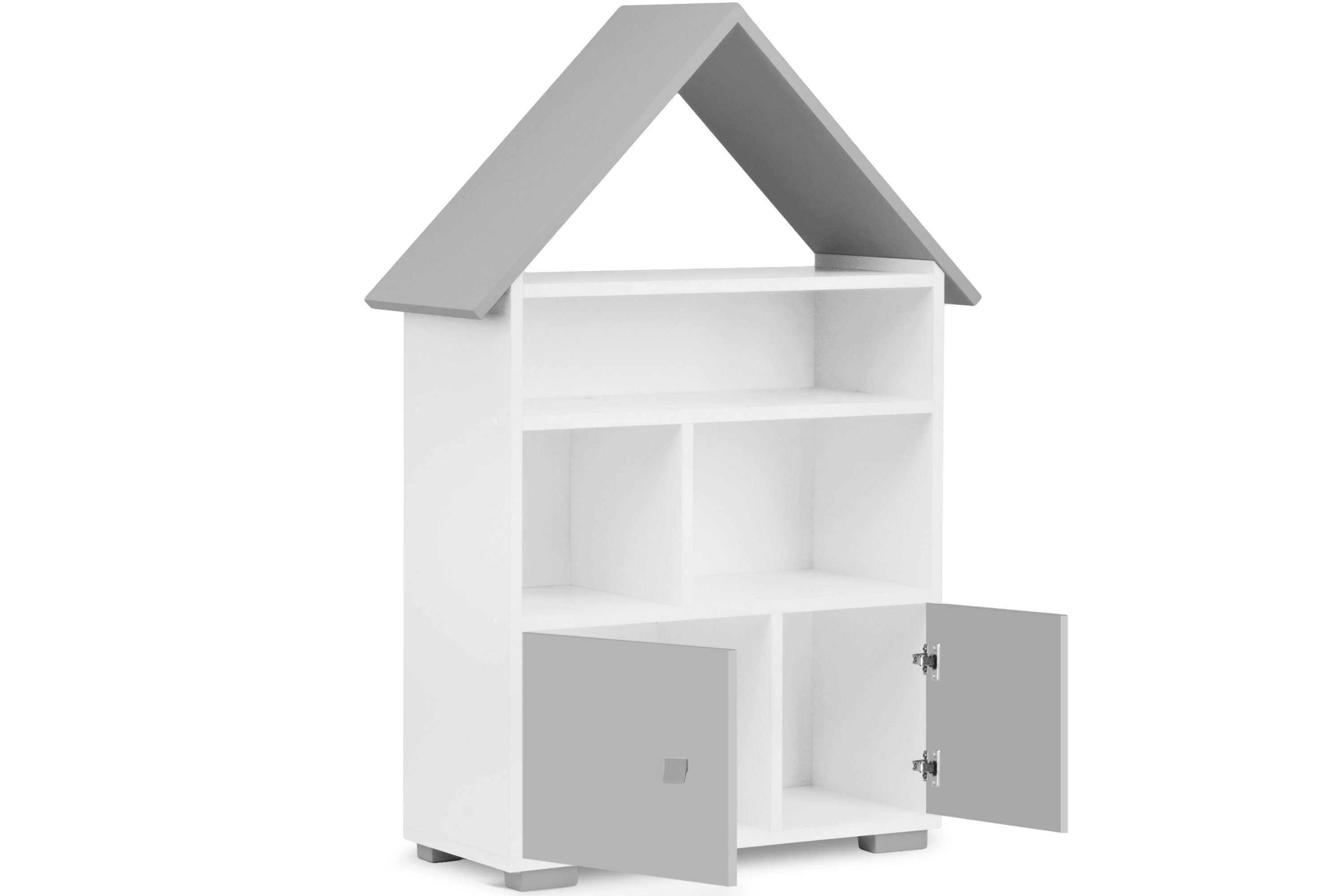 Kinderregal Türen Bücherregal weiß/grau mit mit Pastellfarben Hausform, Tür, Bücherregal in Konsimo PABIS,