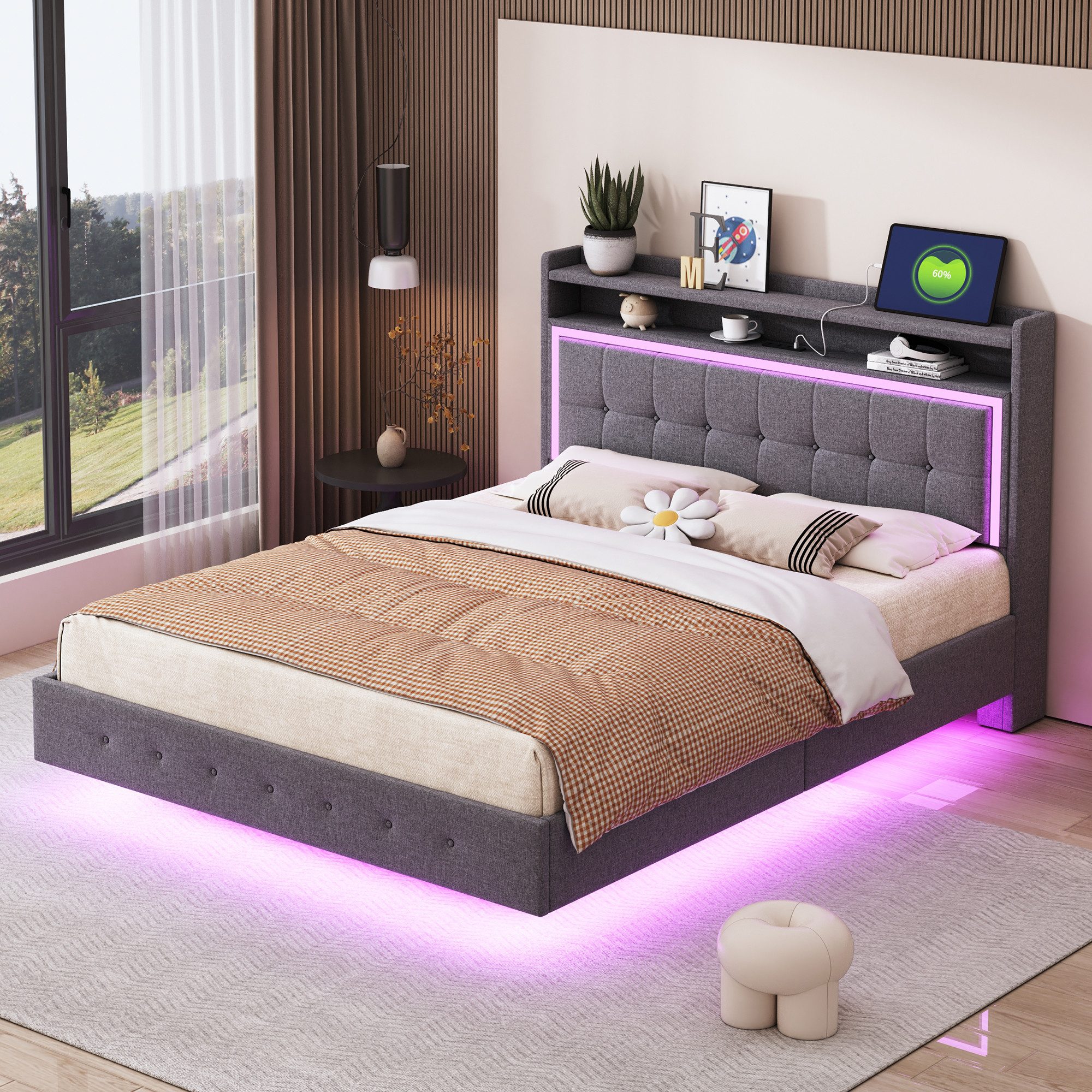 REDOM Polsterbett Stauraumbett Funktionsbett Kinderbett Gästebett Doppelbett (mit USB-Steckdose und LED-Licht, Leinenstoff, stabiler Rahmen bis 250 kg, ideal für Schlafzimmer und Jugendzimmer, 140 x 200 cm), ohne Matratze