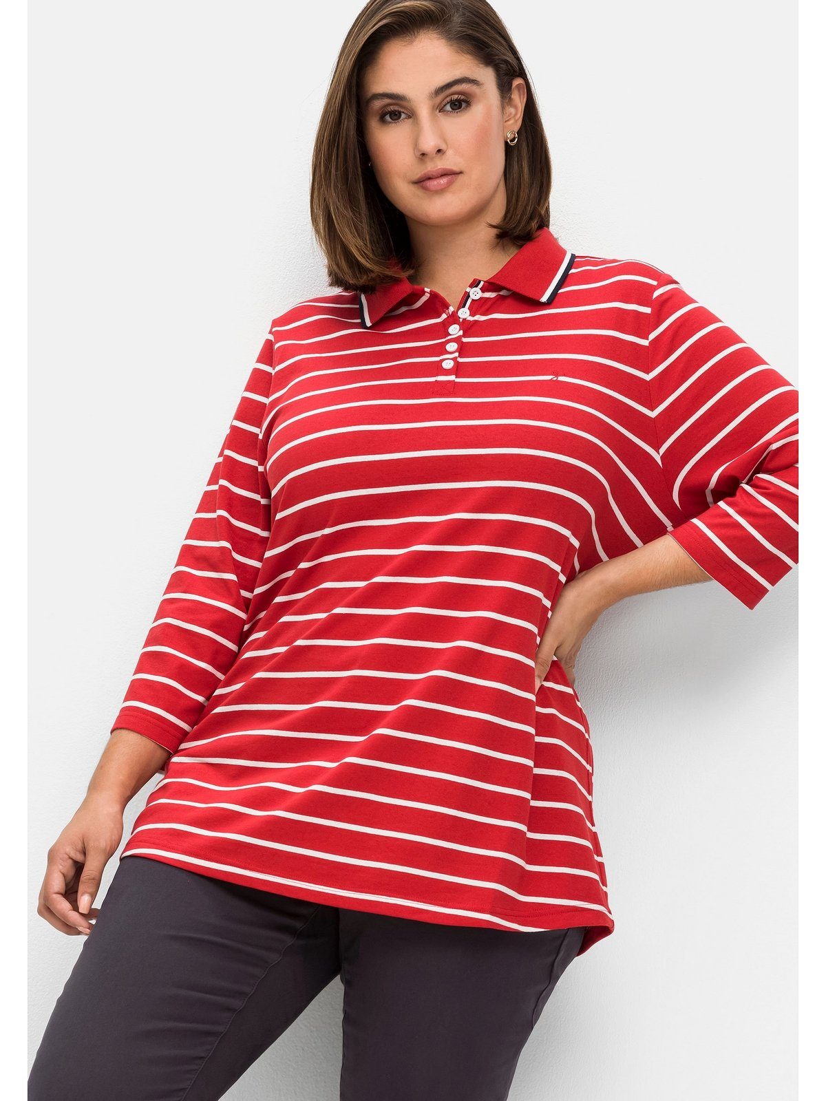 Sheego 3/4-Arm-Shirt Große Größen mit kontrastfarbenem Zierband Polokragen, Knopfleiste mit