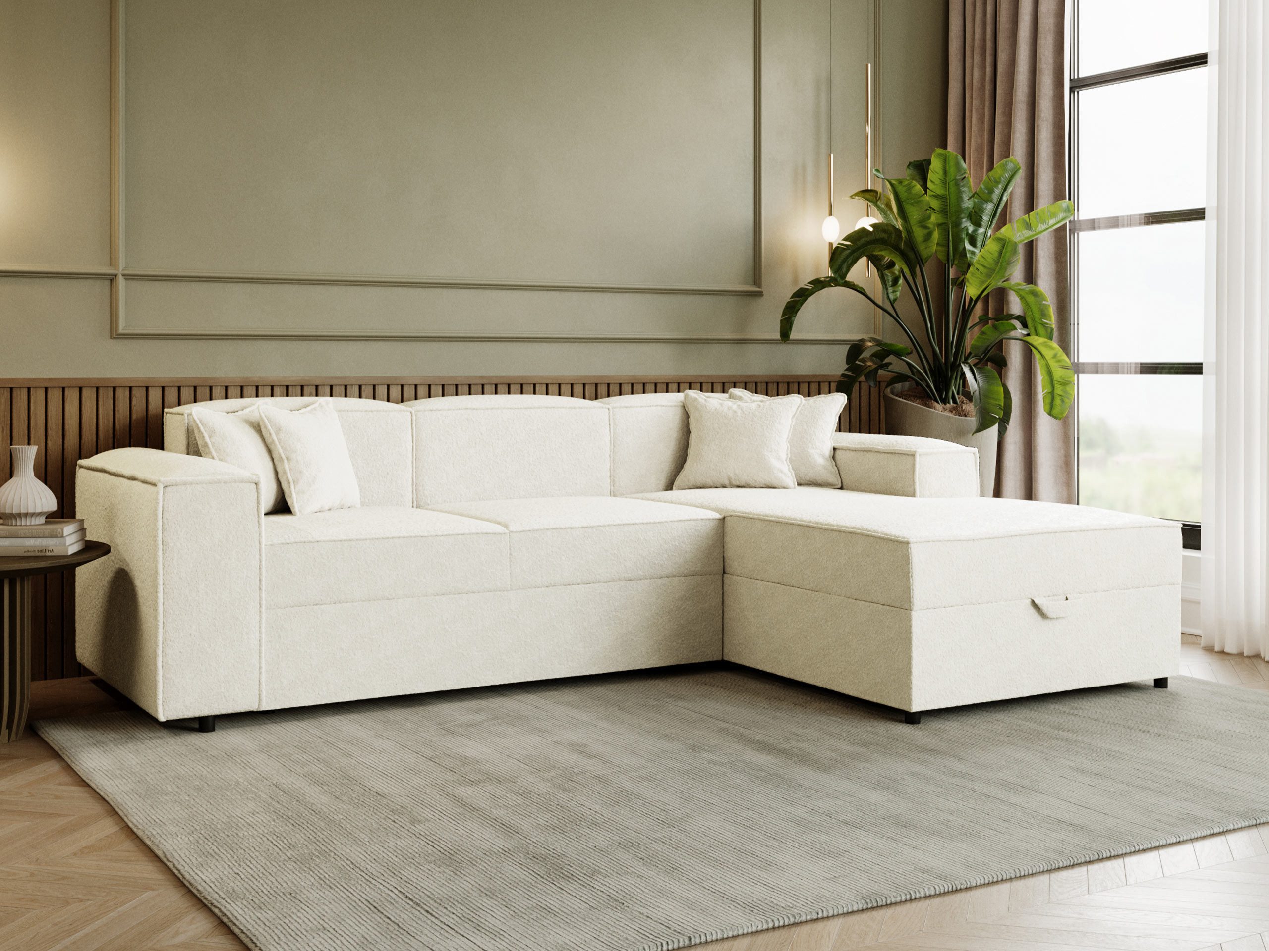 MIRJAN24 Ecksofa Santos L Boucle, mit Bettkasten und Schlaffunktion, L-Form, Wellenfeder, vier Dekokissen