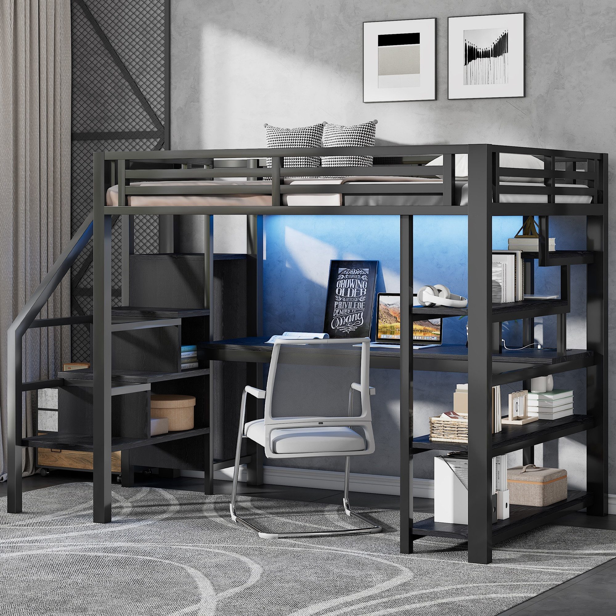 Merax Hochbett 140x200cm mit LED-Licht und USB-Ladestation (Jugendbett Kinderbett Einzelbett, 1-St., 255 x 145 x 174,5 cm) Metallbett mit Treppe,offenem Kleiderschrank, Schreibtisch,Staufächern