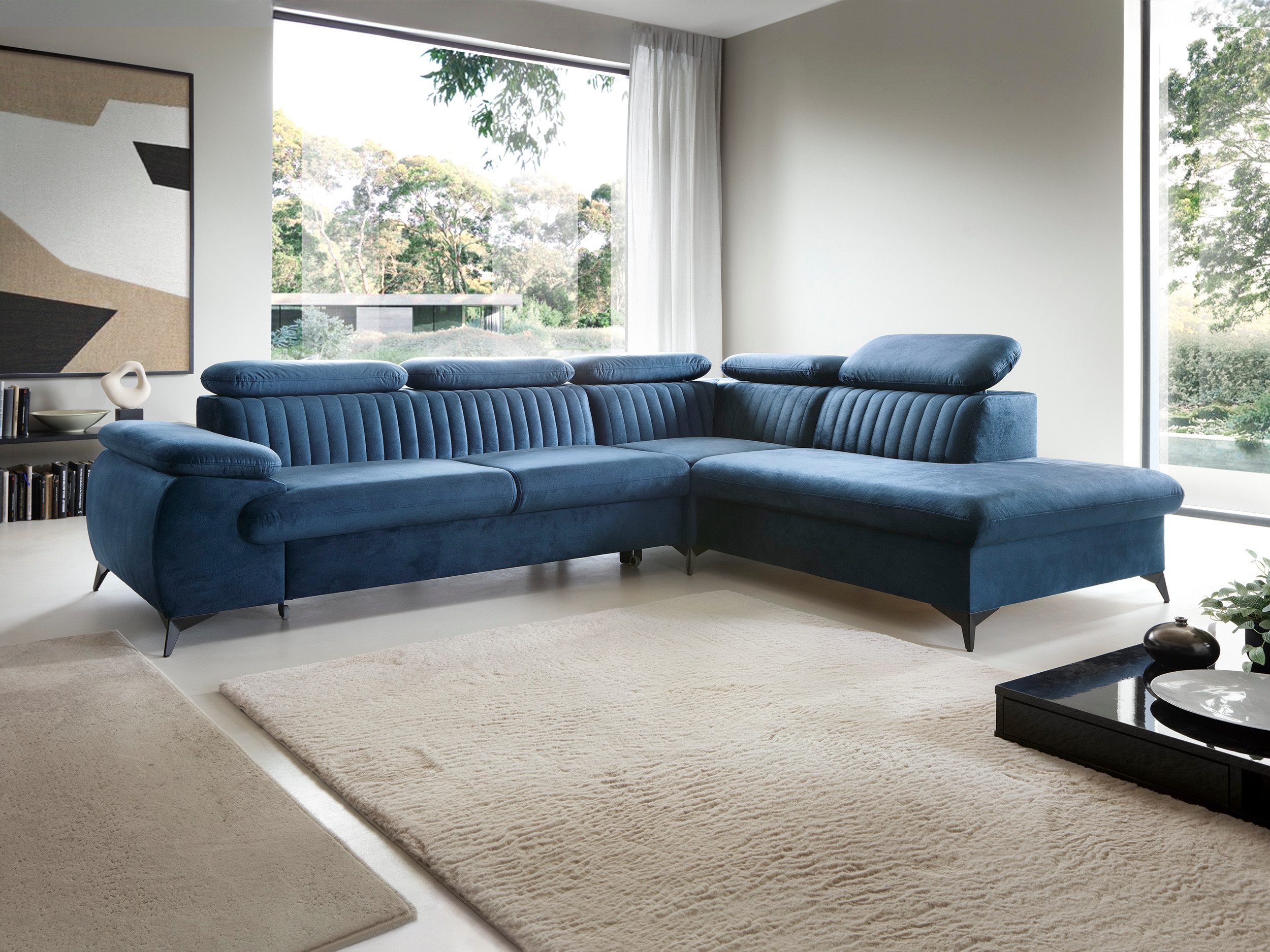 Goldstoff Ecksofa mit Schlaffunktion und Bettkasten, Federkern Schlafsofa