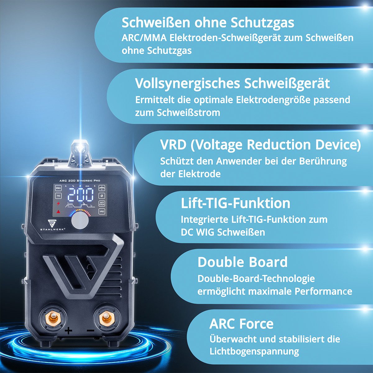 STAHLWERK Inverterschweißgerät ARC 200 Synergic Pro Schweißgerät Vollausstattung, 10 - 200 A, Packung}, 8-tlg., Vollausstattung, mit 200 Ampere und IGBT Technologie