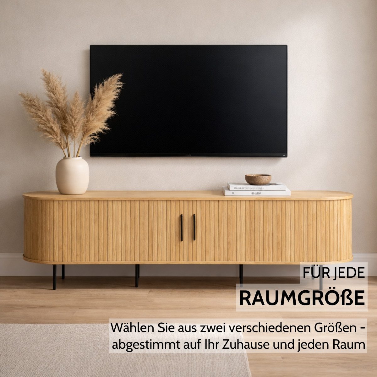 Liadomo Lowboard Uriel, TV-Möbel, TV-Board, TV-Unterschrank, 120 oder 180 cm Breite, Schiebetüren, Lamellen, schwarz, weiß, Natur, braun