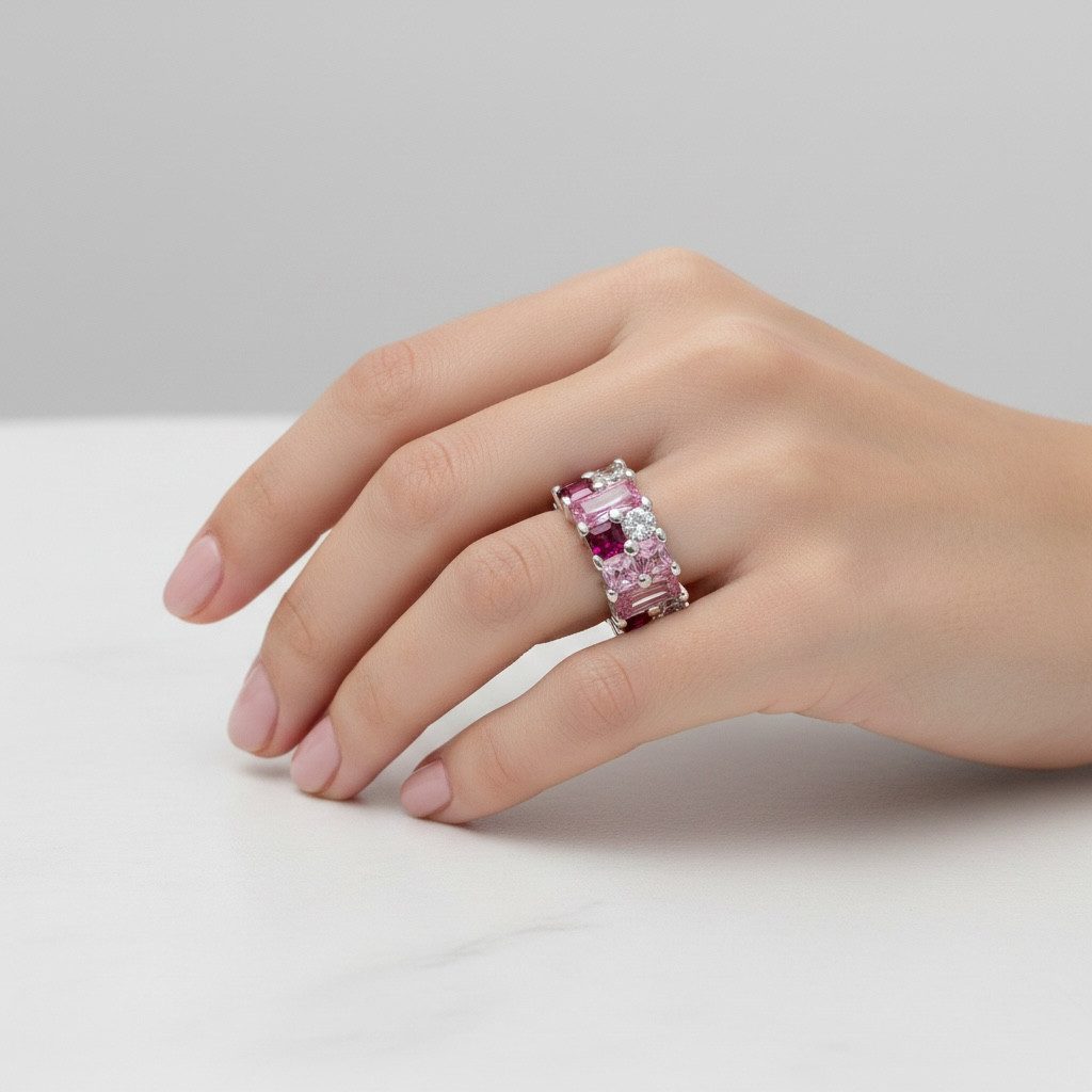 Karisma Schmuck Siegelring Damenring 925 Silber mit pinken und weißen Zirkonia Steinen, – Eleganter Silberring