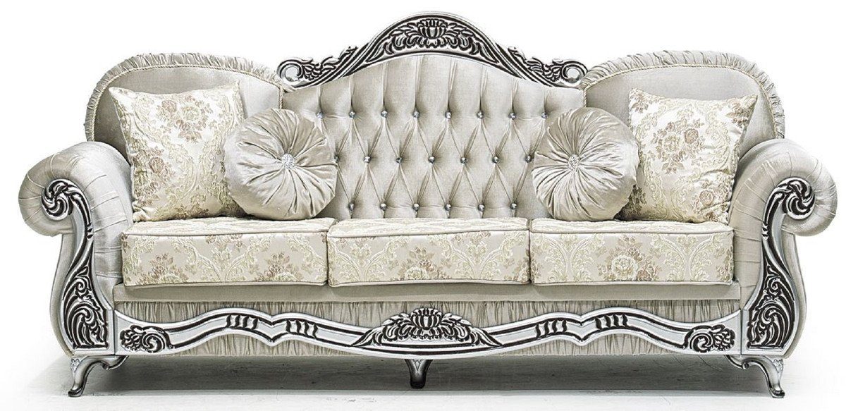 Casa Padrino Sofa Casa Padrino Luxus Barock Sofa Grau / Creme / Silber / Schwarz - Prunkvolles Wohnzimmer Sofa mit elegantem Muster und Glitzersteinen - Luxus Wohnzimmer Möbel im Barockstil - Barock Möbel