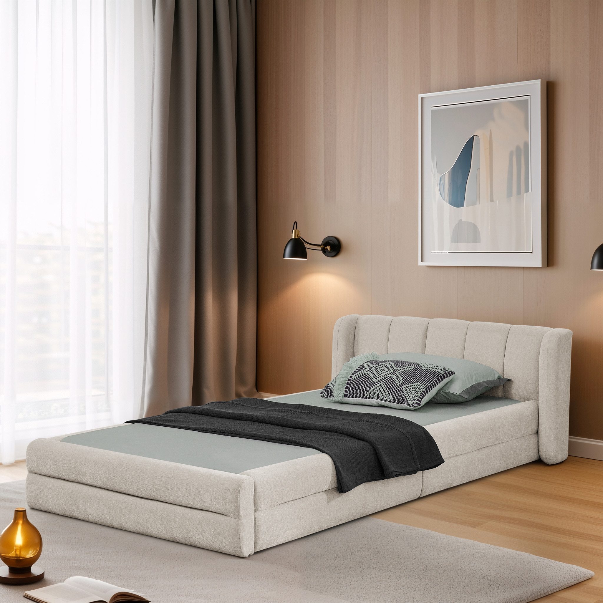MC Star Polsterbett Einzelbett 90*200 cm, hautfreundlicher Chenillestoff (komfortables Rückenlehne, auch als Kinderbett geeignet​, Beige (ohne Matratze)