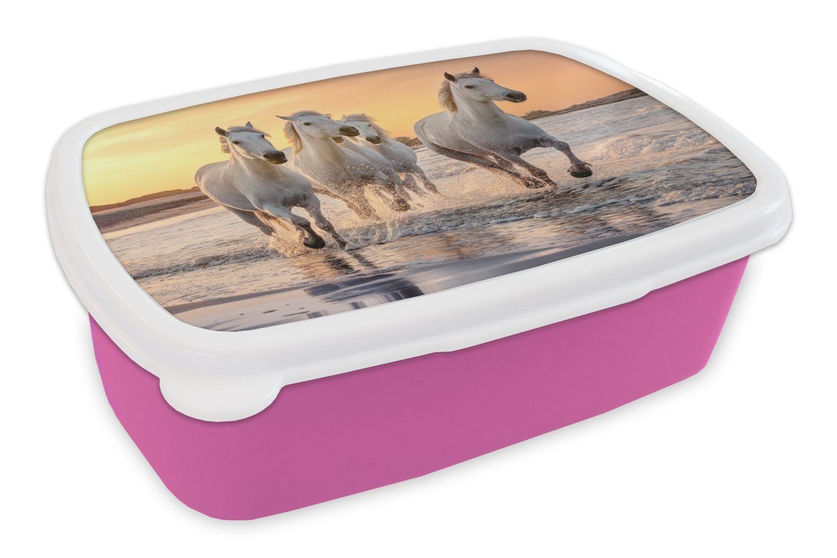 MuchoWow Lunchbox Pferde - Sonne - Meer - Strand - Tiere, Kunststoff, (2-tlg), Brotbox für Erwachsene, Brotdose Kinder, Snackbox, Mädchen, Kunststoff rosa