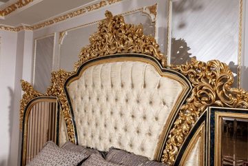 Casa Padrino Bett Schlafzimmer Set Gold / Weiß / Blau / Gold - 1 Doppelbett mit Kopfteil & 2 Nachtkommoden - Schlafzimmer Möbel im Barockstil - Edel & Prunkvoll