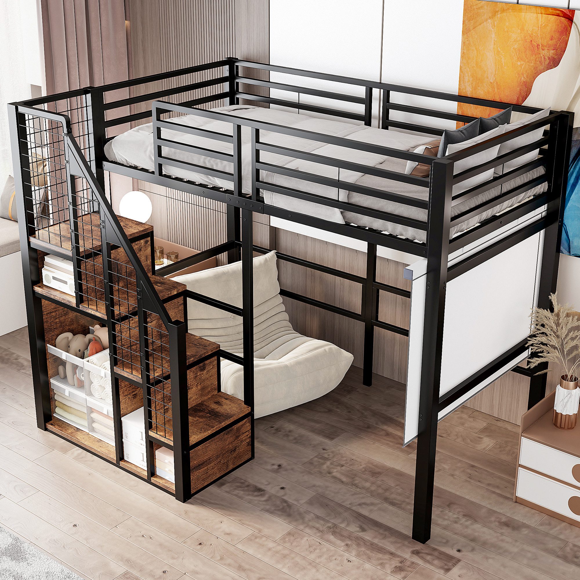 Flieks Hochbett Einzelbett Kinderbett Metallbett 90x200cm mit Stauraumtreppe