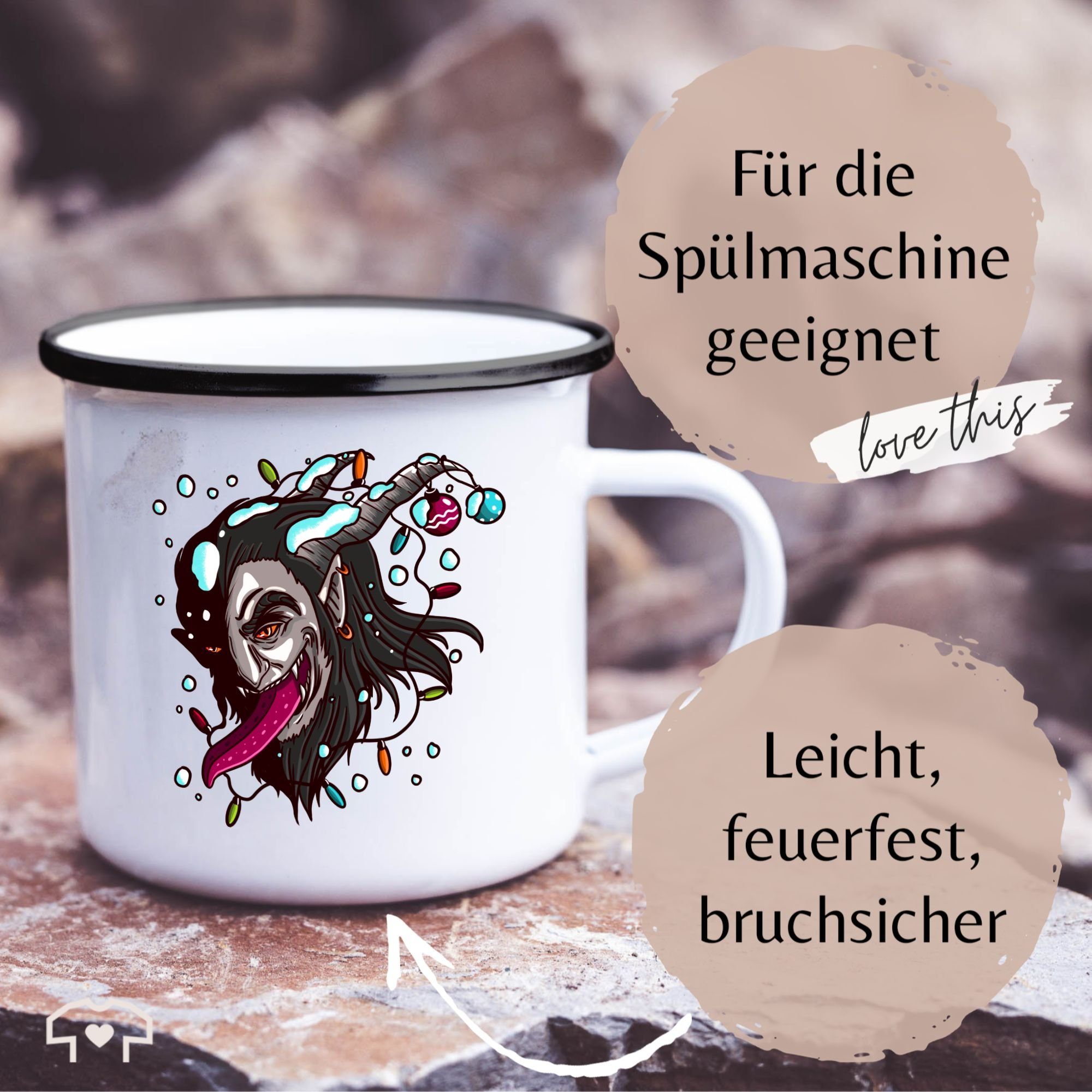 Stahlblech, Schwarz Shirtracer Weihnachtstasse Weihnachtsdeko, Krampus mit Tasse Weiß 1