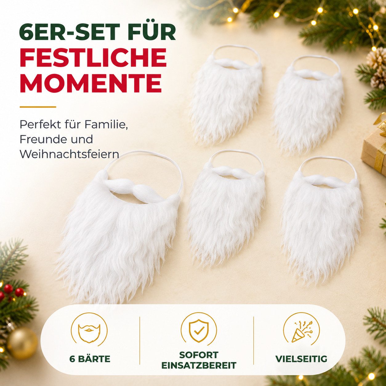 MerryXmas Kostüm-Perücke 6x Nikolausbart weiss - Weihnachtsmannbart - Bart weiß weiss