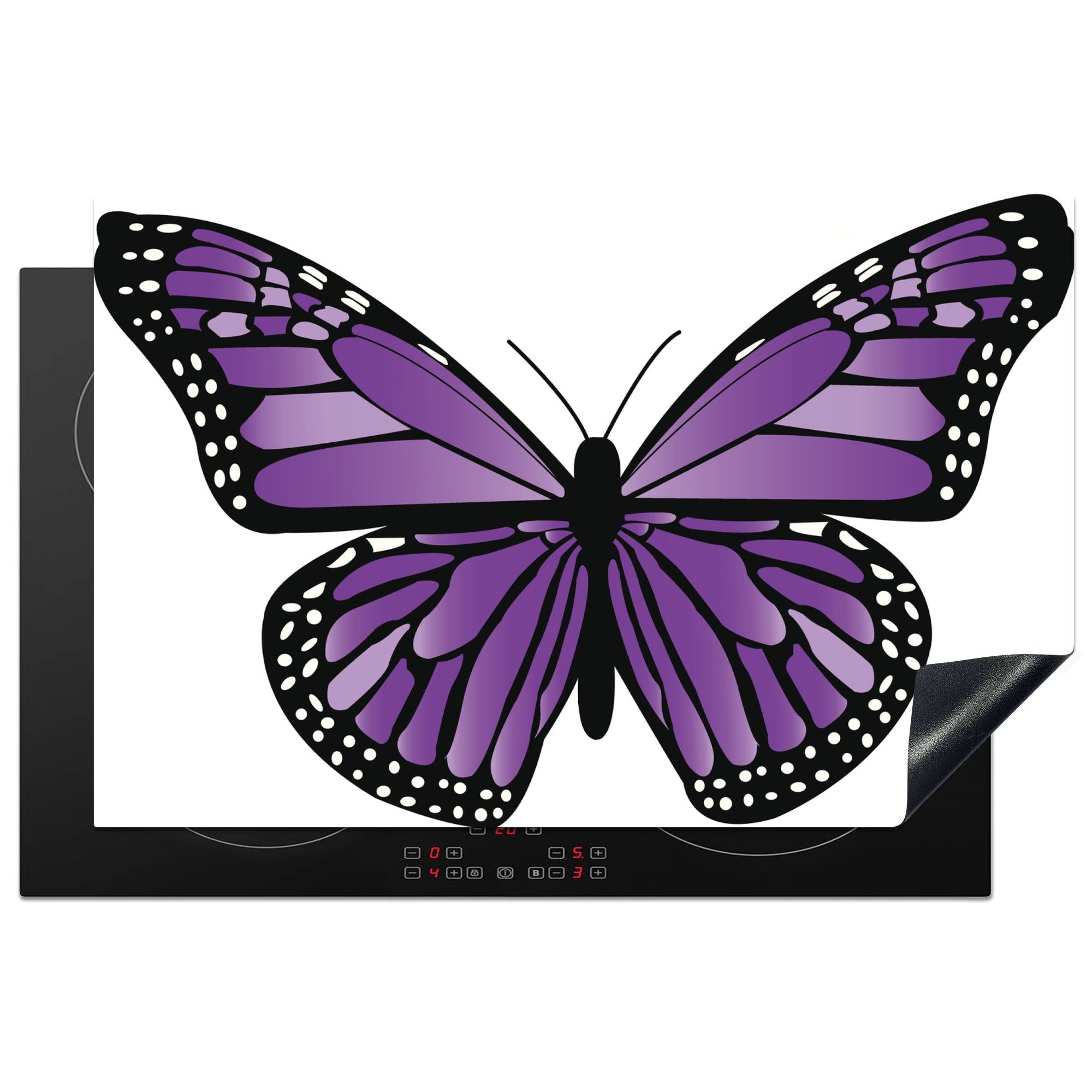 MuchoWow Herdblende-/Abdeckplatte Eine Illustration eines lila Schmetterlings auf weißem Hintergrund, Vinyl, (1 tlg), 81x52 cm, Induktionskochfeld Schutz für die küche, Ceranfeldabdeckung