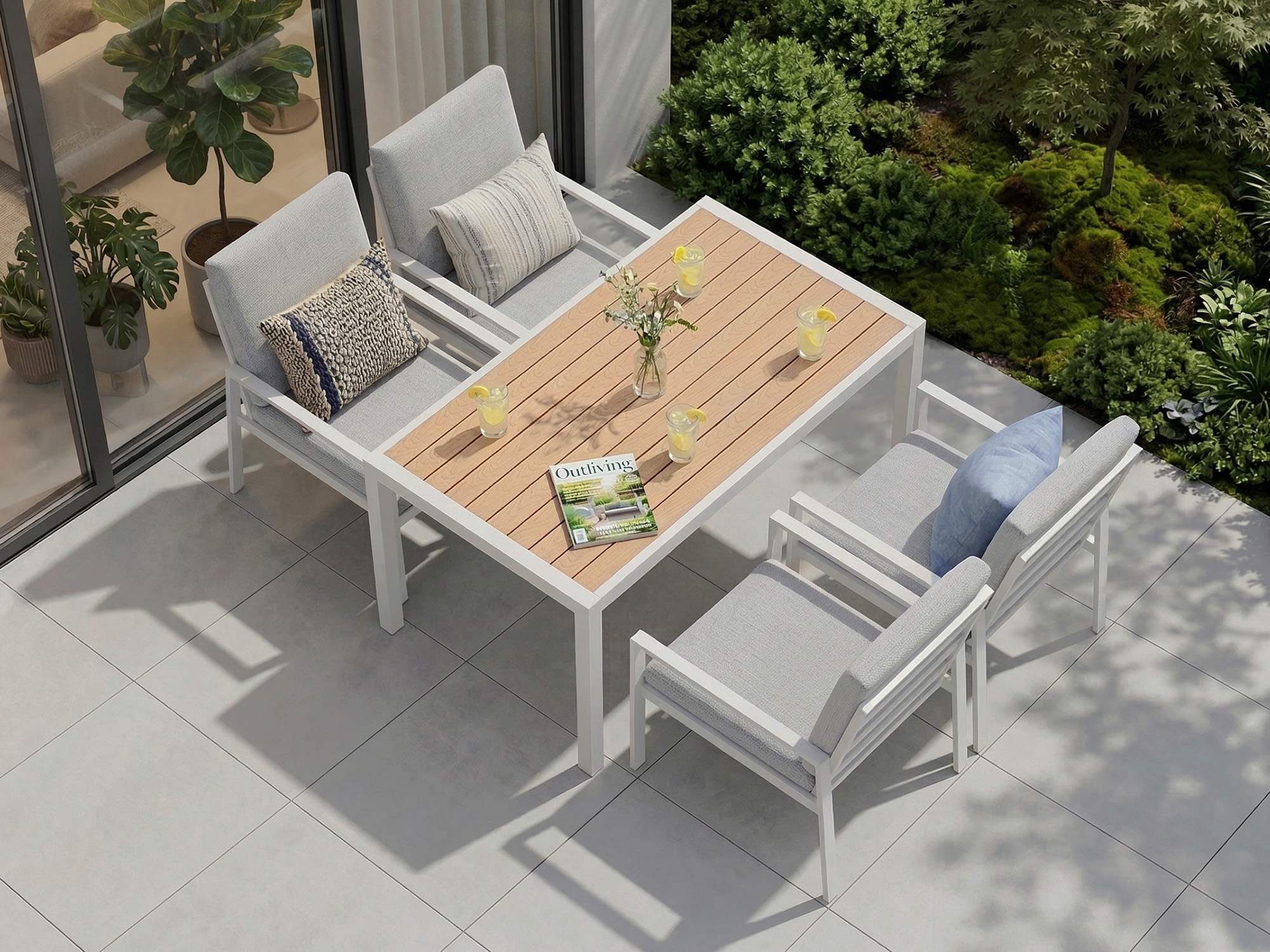 MeXo Gartenlounge-Set Lounge Gartenmöbelset Aluminium Wetterfest, (Garten Essgruppe für 4 Personen, 5-tlg., 4 Sessel, Esstisch 140x80x70 cm), 85 cm Rückenlehne, hoher Sitzkomfort