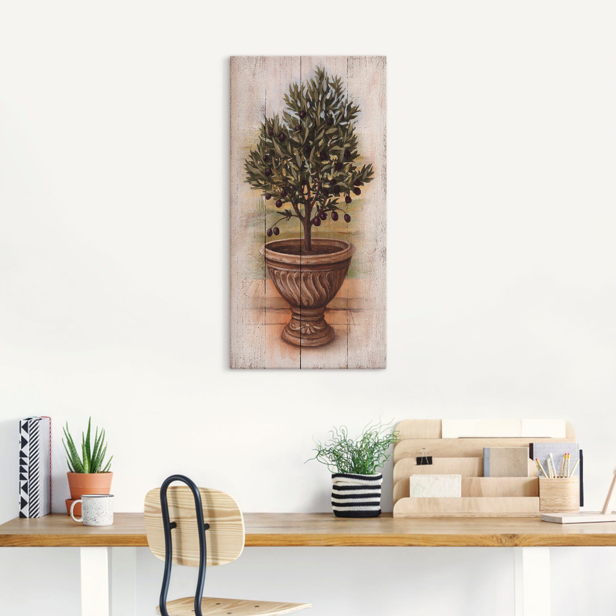 Artland Leinwandbild Olivenbaum mit Holzoptik, Pflanzen (1 St), auf Holzrahmen gespannt
