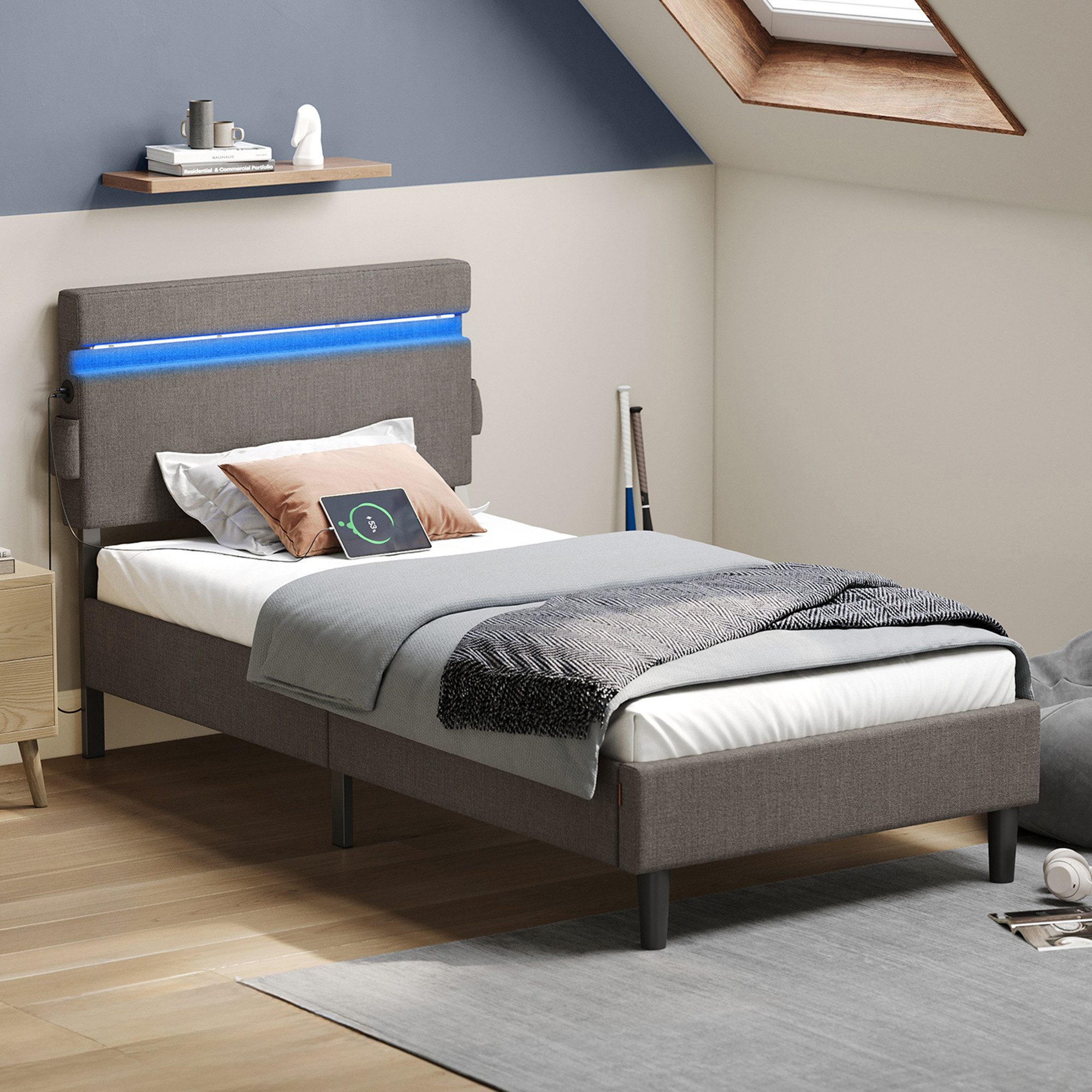 VASAGLE Polsterbett (90 x 190 cm), mit Kopfteil, LED, mit 2 Ladeanschlüsse günstig online kaufen