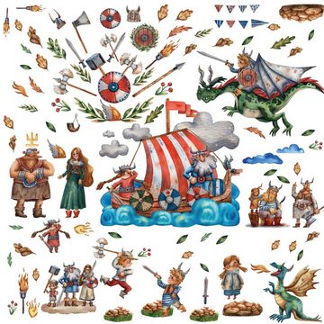 Sunnywall Wandtattoo XXL Wandtattoo Wikinger Vikinger vikings Set verschiedene Motive, Kinderzimmer Aufkleber bunt Wanddeko