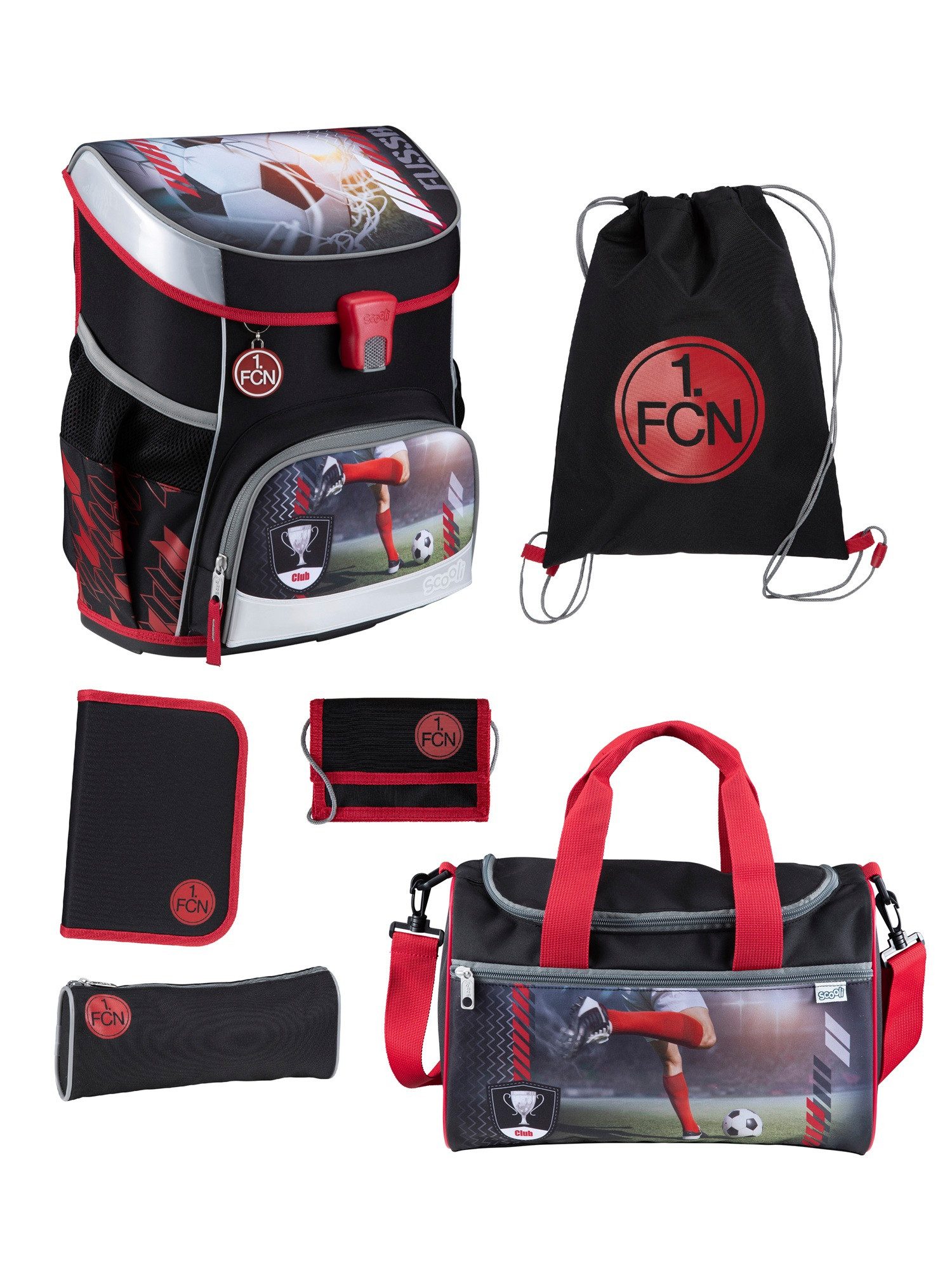 Scooli Schulranzen Campus Fit Fussball Schultasche 1. FC Nürnberg FCN Club Ranzen (Set, 6-tlg., mit gefüllter Federmappe und Sporttasche), mit Brustgurt, 980 Gramm leicht, limited Edition