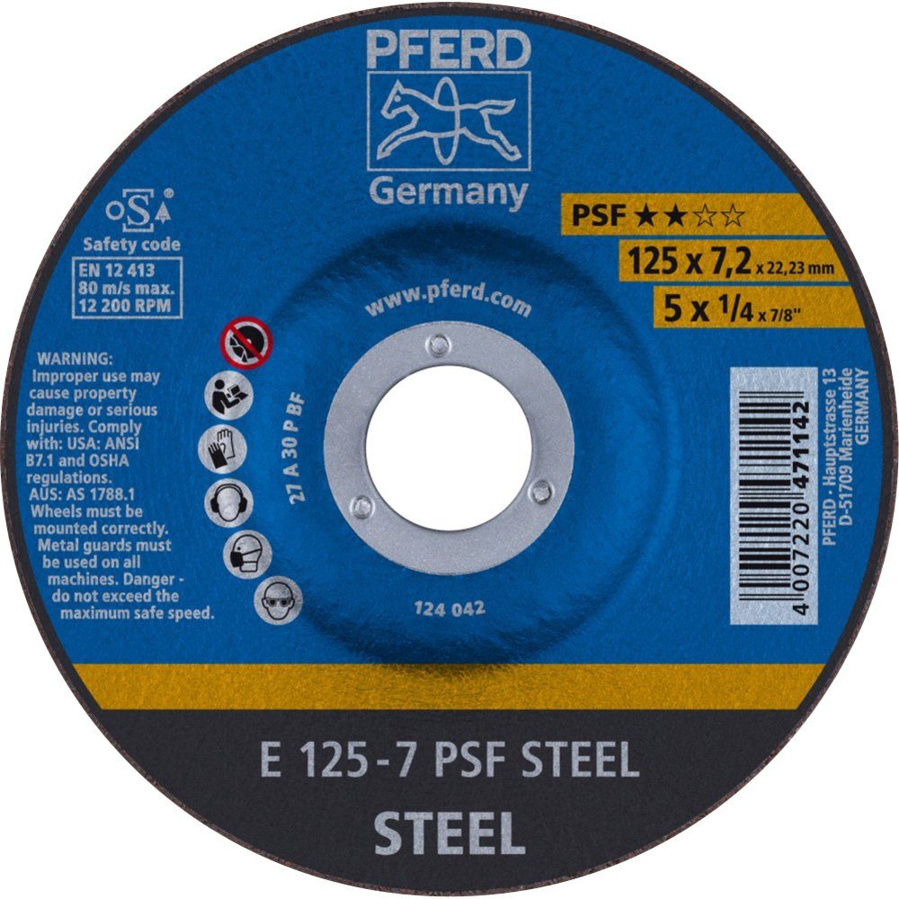 Pferd Schruppscheibe PFERD TOOLS 69298071 E 125-7 PSF STEEL Schruppscheibe gekröpft Durchme, Ø 125.00 mm