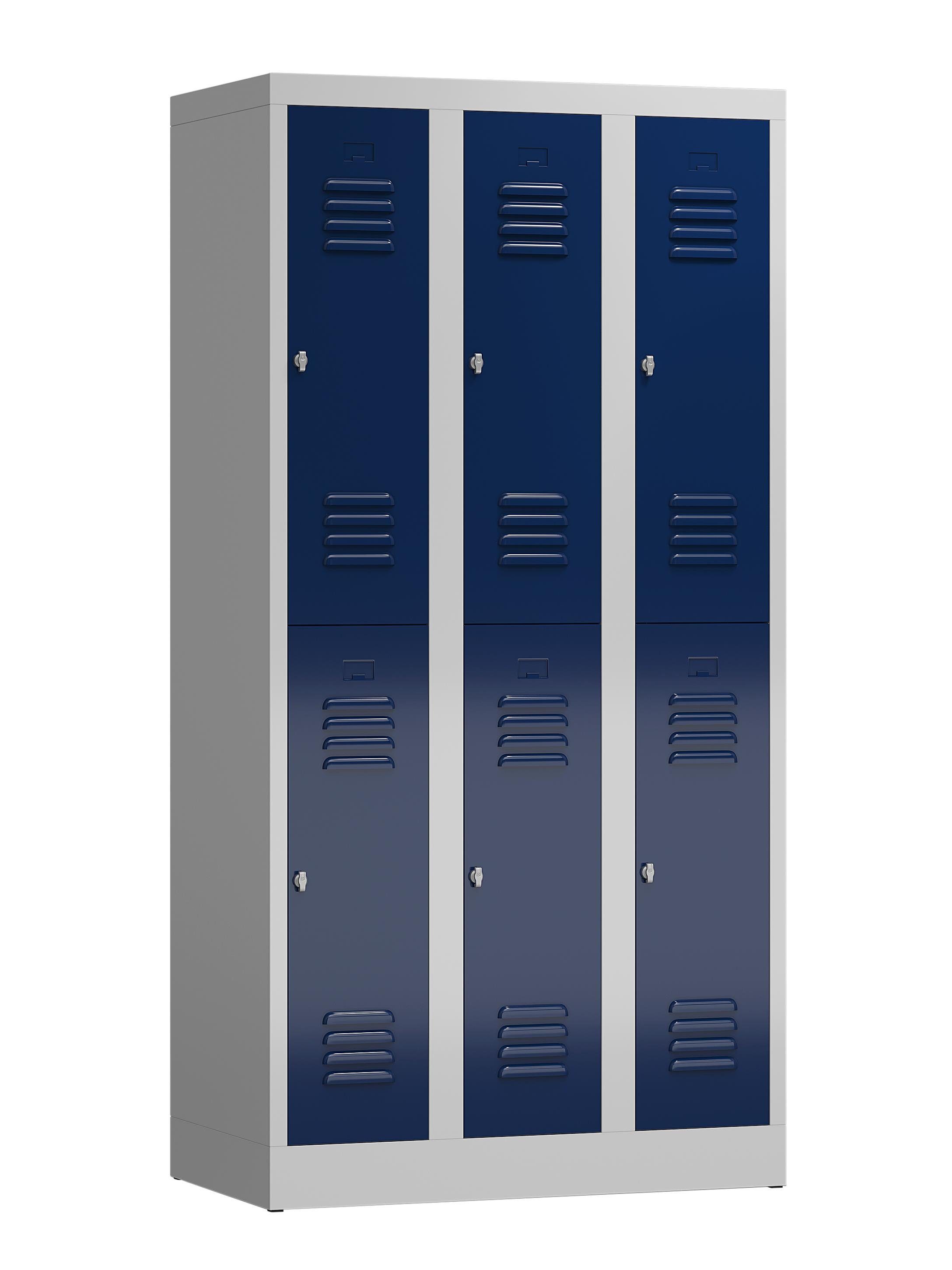 Steelboxx Spind Kleiderspind 6 Fächer 1800 x 900 x 500 mm (1-St) Komplett verschweißt und montiert, keine Montage erforderlich Korpus: RAL 7035 Lichtgrau/ Türen: RAL 5010 Enzianblau | Lichtgrau