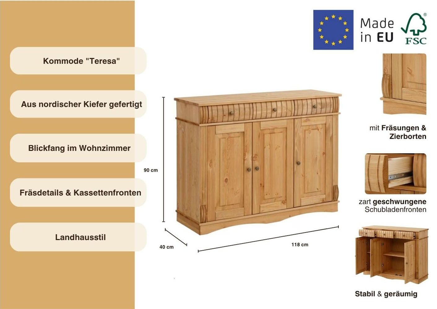 OTTO home Sideboard Teresa (Maße (B/T/H): 118/40/90 cm), Kommode, 3-türig, Breite 118 cm, aus massiver Kiefer, FSC®