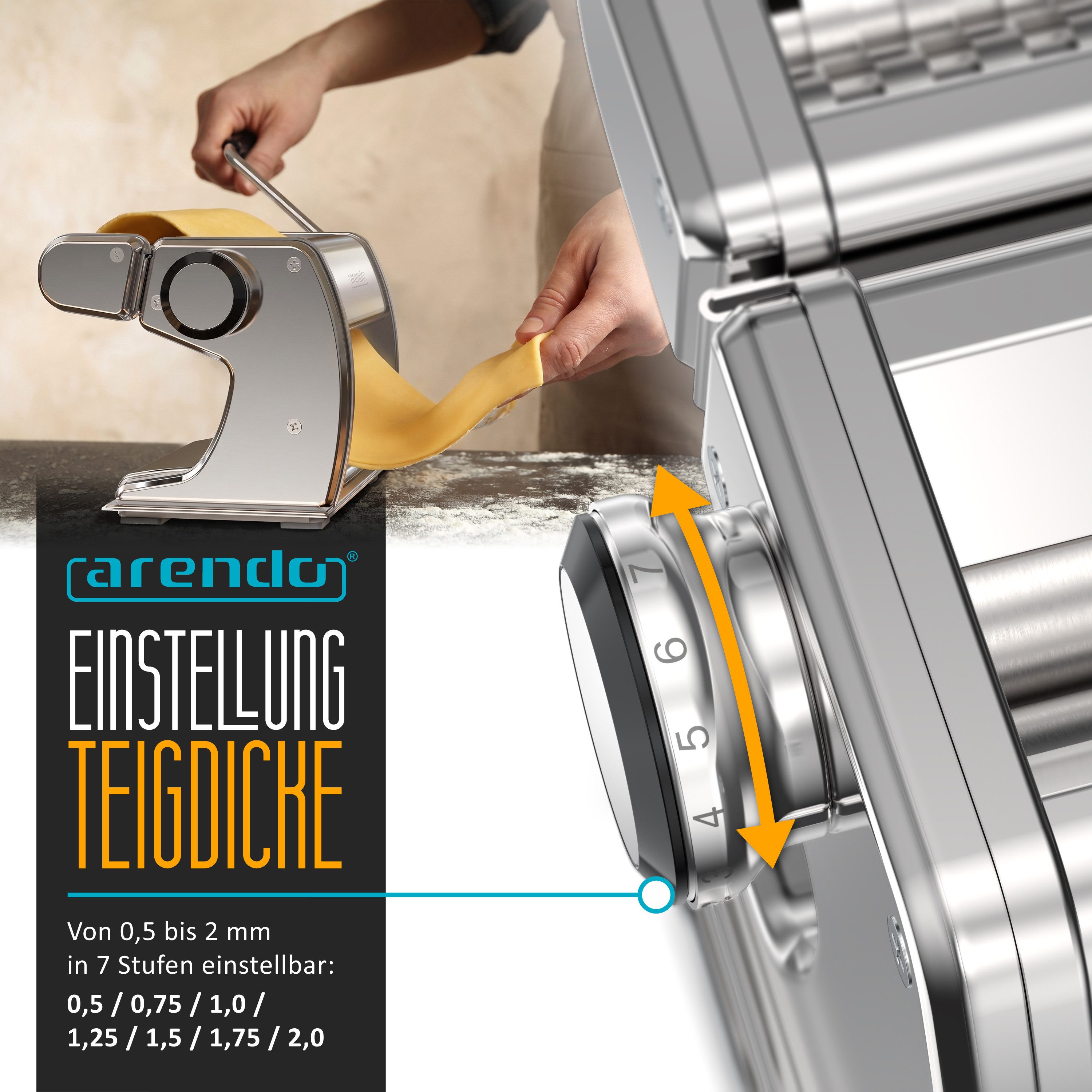 Arendo Nudelmaschine Manueller Edelstahl Pasta Maker, Nudelpresse, 7 einstellbare Stärken, Duplexvorsatz für Spaghetti, Tagliatelle, Lasagne - 2mm und 6,5mm – Bild 5 von 5