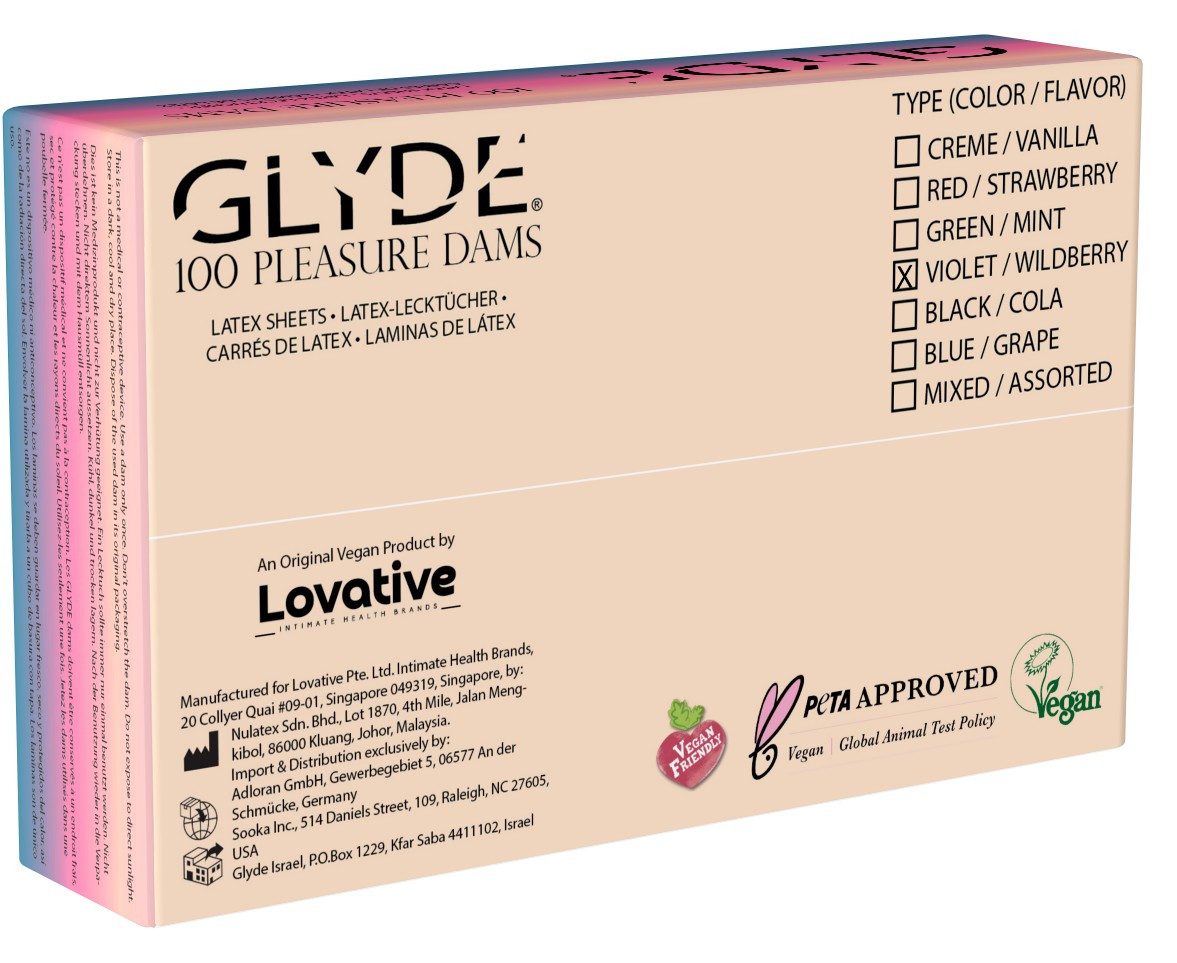 Glyde Kondome Glyde Oral Dental Dams 100 farbige Latex-Schutz- Lecktücher mit Duft Variante: Purple/Wildberry, 100 St., seidenweiche Latex-Tücher für Oralverkehr, Lila gefärbt - Lecktücher mit Waldfrucht-Duft