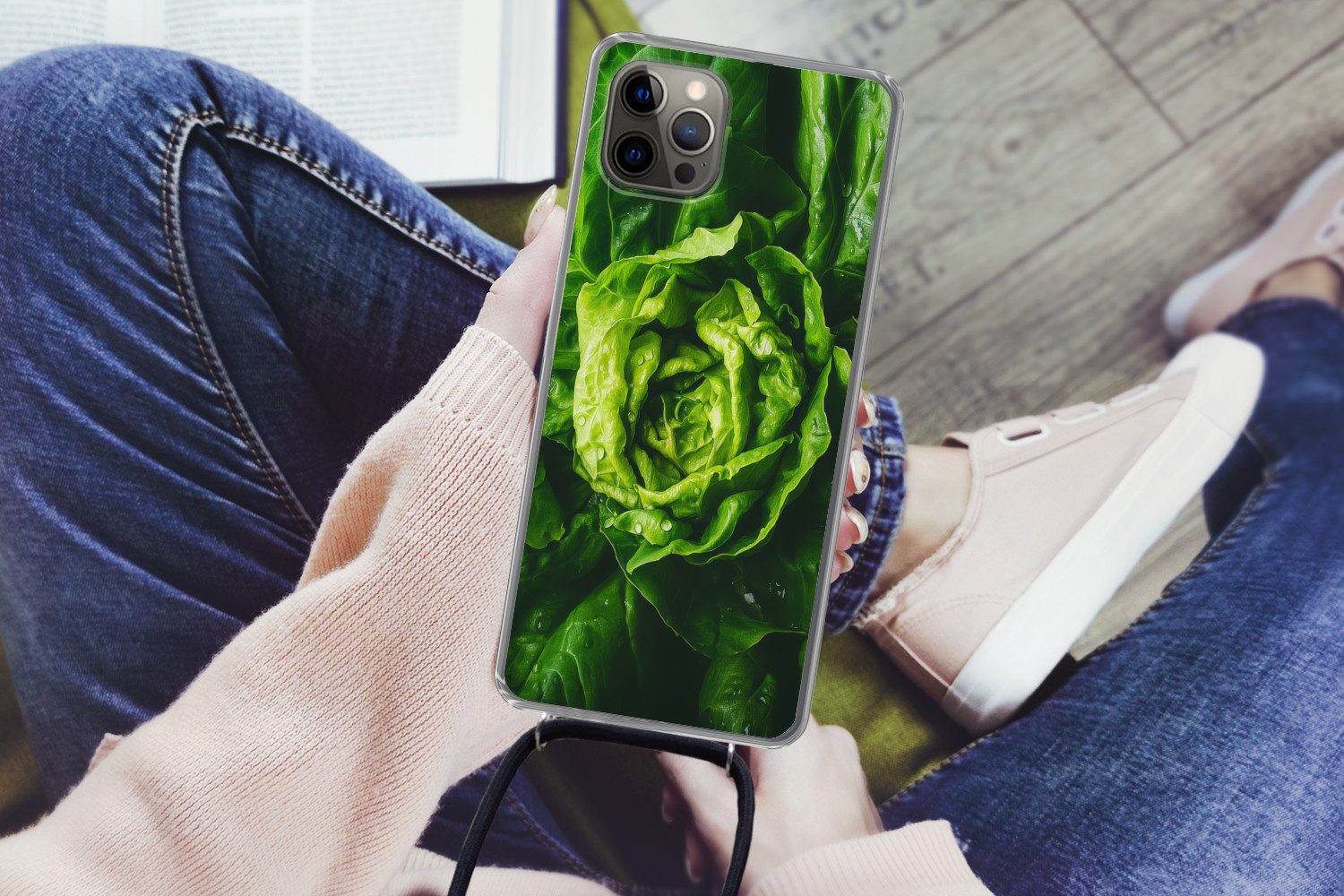 MuchoWow Handyhülle für Apple iPhone 13 Pro Gemüse - Kopfsalat - Grün, Tragbare Handyhüllen mit Kette zum umhängen, Handykette Handyband