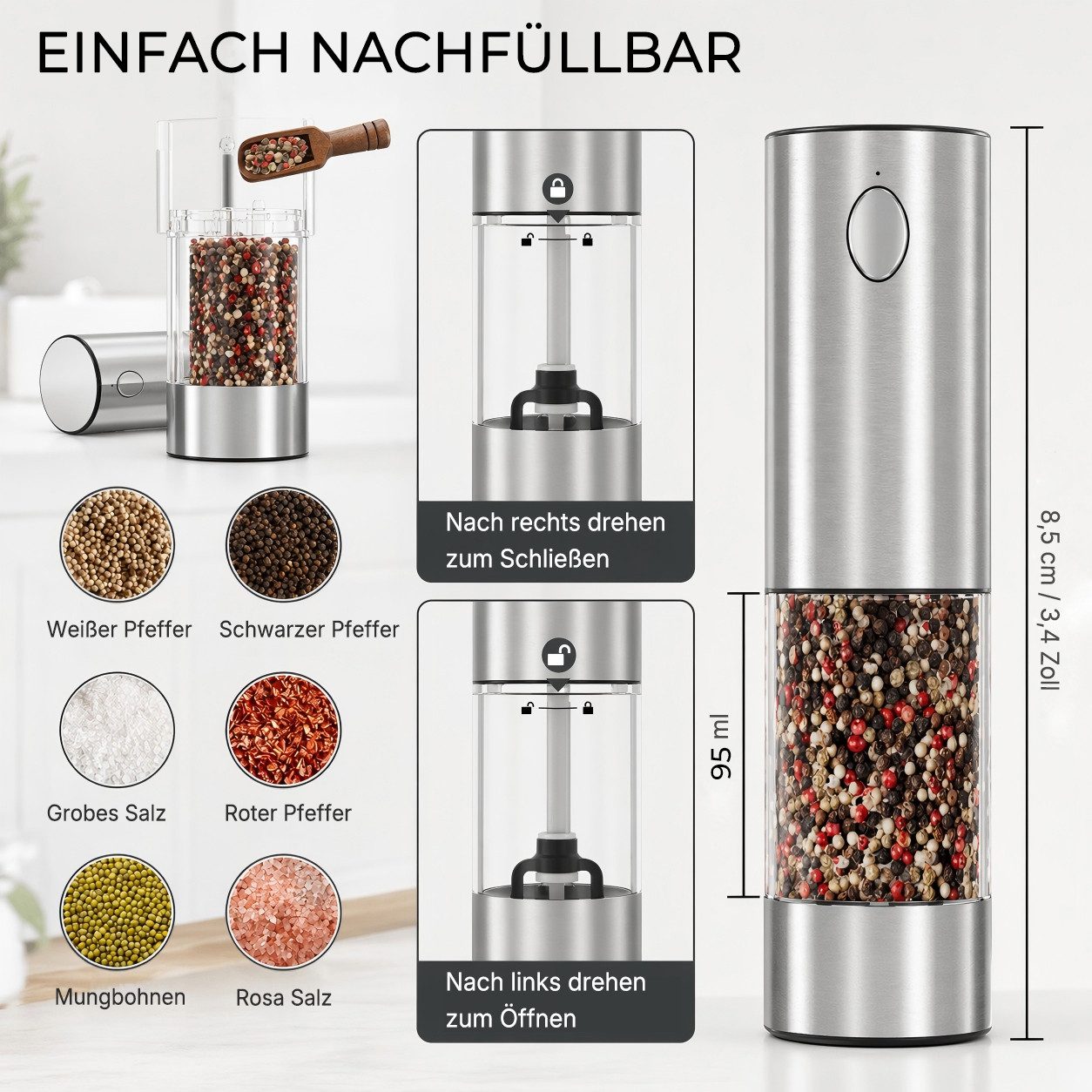 Futicare Salz-/Pfeffermühle Elektrisch 2er Set, wiederaufladbare Gewürzmühlen mit Akku &, magnetischer USB-C-Ladestation,95 ml,Keramikmahlwerk,5 Mahlgrade & LED – Bild 5 von 5