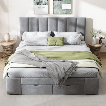 MODFU Polsterbett Doppelbett Stauraumbett Bett mit Lattenrost (140 x 200 cm grau ohne Matratze)