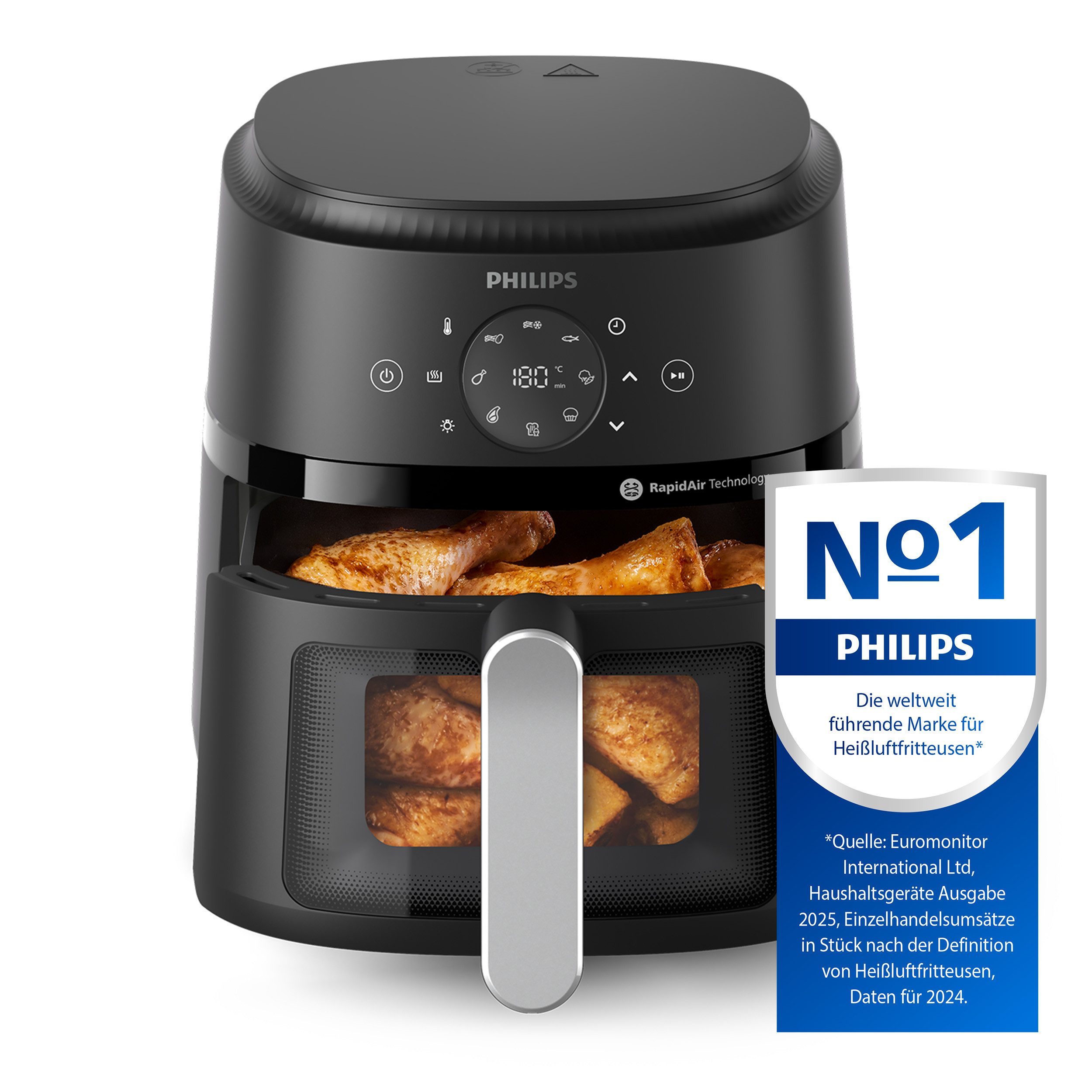 Philips Heißluftfritteuse Airfryer 2000 NA221/00, mit 4.2L, Sichtfenster, 1500 W, RapidAir Technologie und 13 Kochfunktionen; Schwarz/Silber