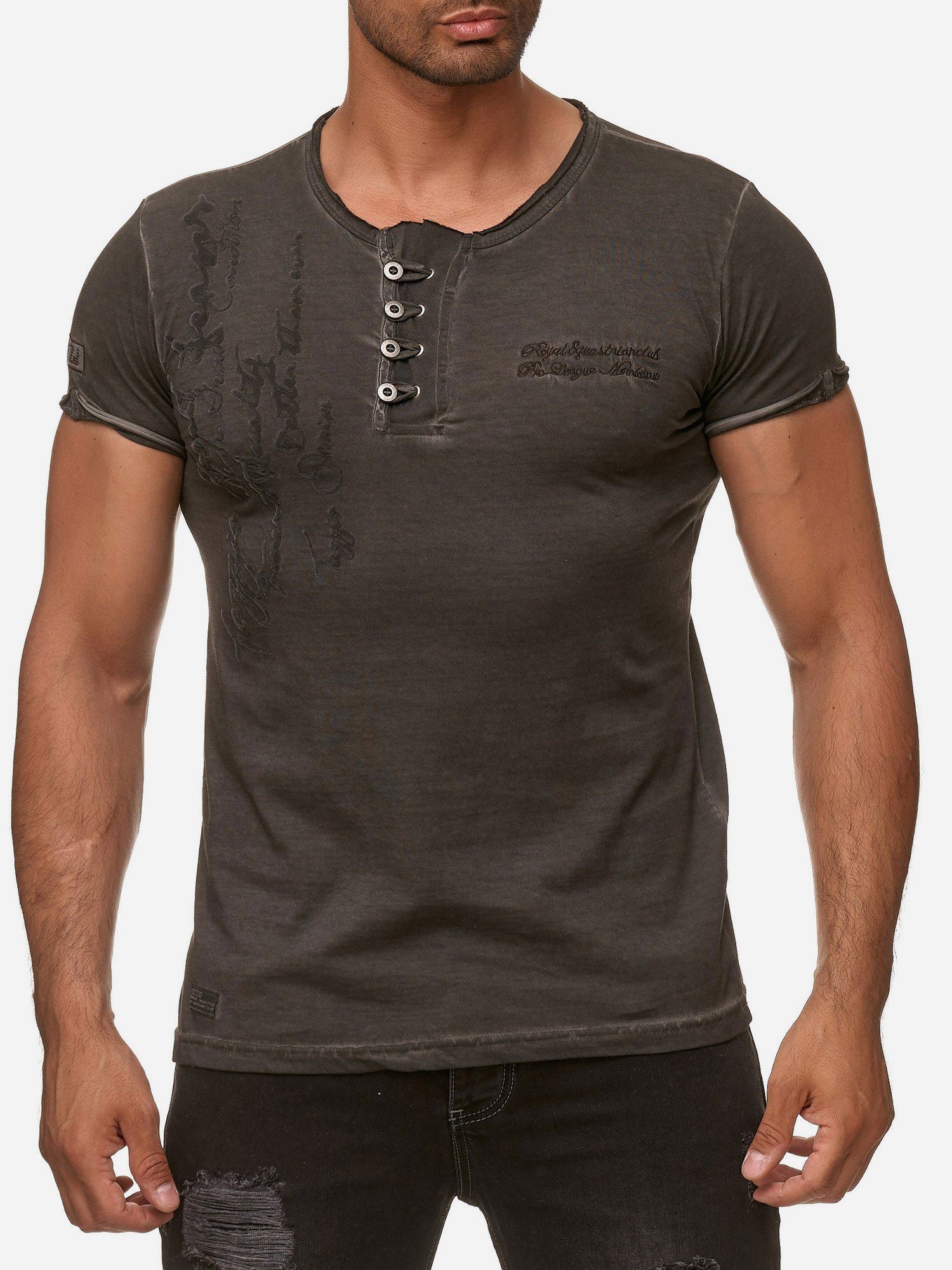 offenem dezentem und Rundhalsshirt mit Look T-Shirt Kragen Used 4050-1 Ölwaschung Tazzio anthrazit in
