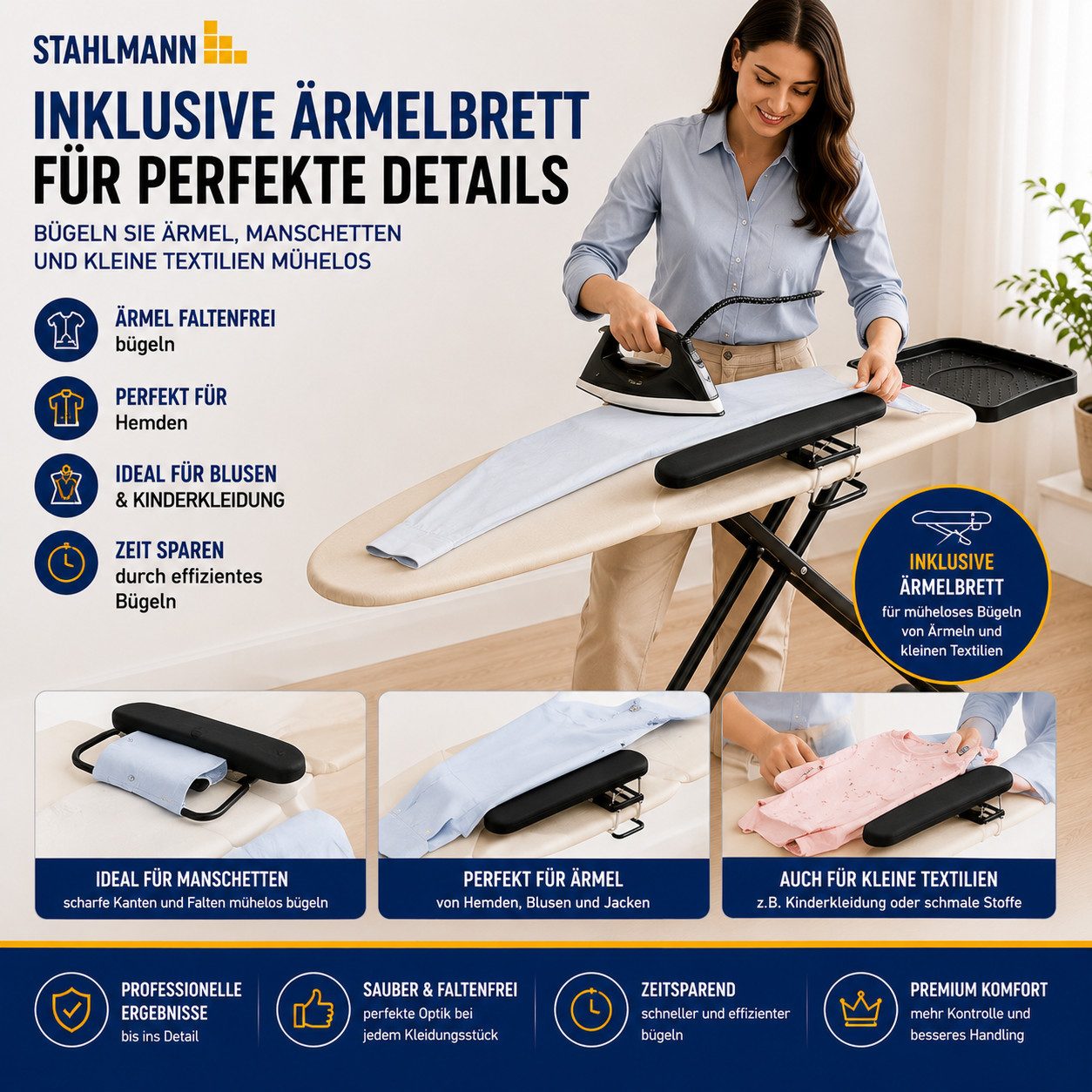 STAHLMANN COMMERCE GmbH Bügelbrett 132 × 46 cm,Made in EU, mit Ärmelbrett, für Dampfbügelstation, Bügelfläche 46x132 cm, Made in EU, mit Ärmelbrett, exklusiv für Dampfgeneratoren