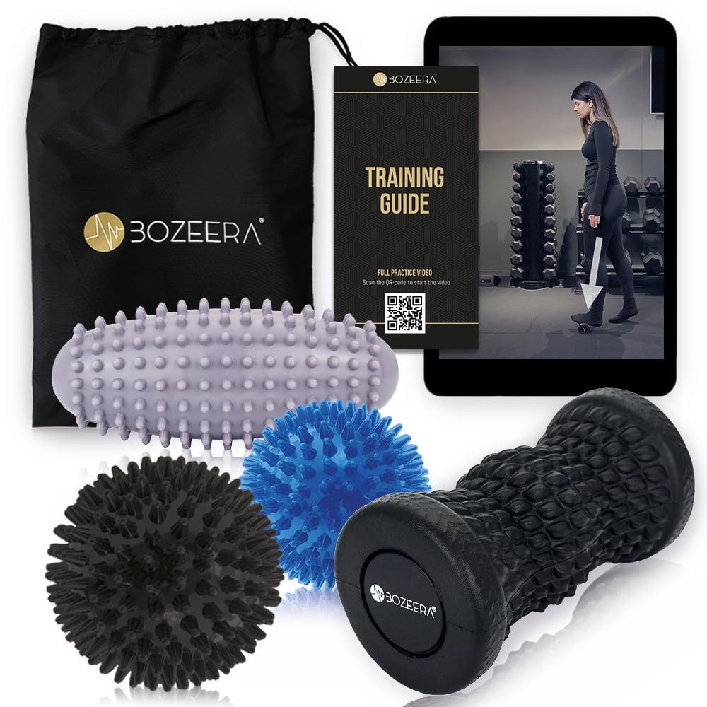 BOZEERA Massageball Fußmassage Set: 1x Roller, 2x Noppenball, 1x ovaler Stachelball, Fußroller & Igelbälle mittel, ovaler Stachelball hart, für Rücken Beine Füße, Inkl Video,Poster & Tasche