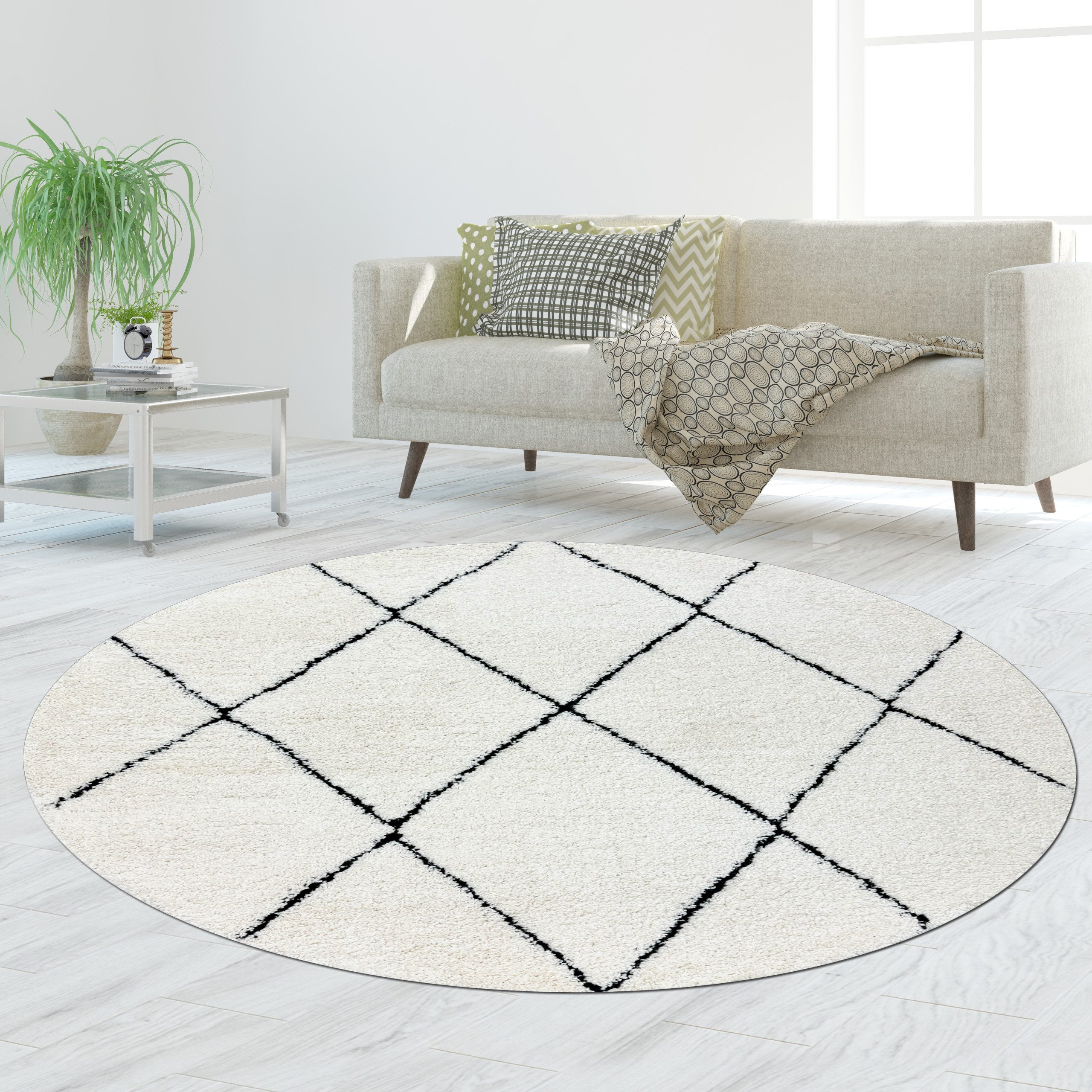 TeppichHome24 Teppich Eleganter Teppich mit Rautenmuster in Schwarz und Weiß, rund, Höhe: 30 mm