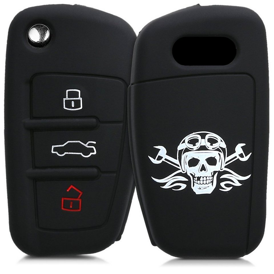 kwmobile Etui, Autoschlüssel Hülle für Audi - Silikon Schutzhülle  Schlüsselhülle Cover für Audi 3-Tasten Klappschlüssel Motor Club Totenkopf  Design