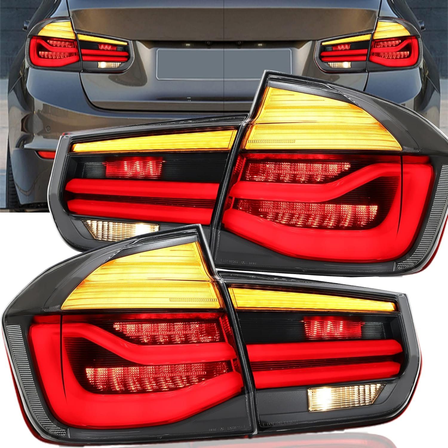 LLCTOOLS Rückleuchte Voll LED Rückleuchten für BMW 3er F30 F35 F80 2011 - 2019, LED fest integriert smoke mit weissen Blinkern