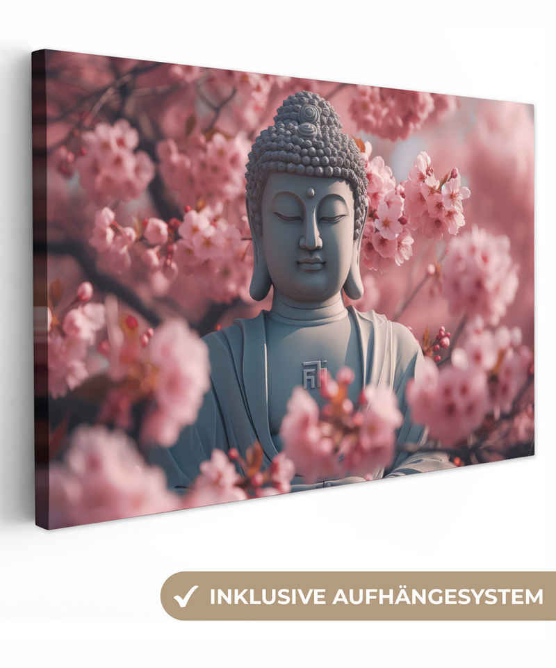 OneMillionCanvasses® Leinwandbild Buddha - Bild - Sakura - Buddha - Kirschblüte, Buddha - Sakura (1 St), Leinwand Bilder Klein, Wand Dekoration 30x20 cm