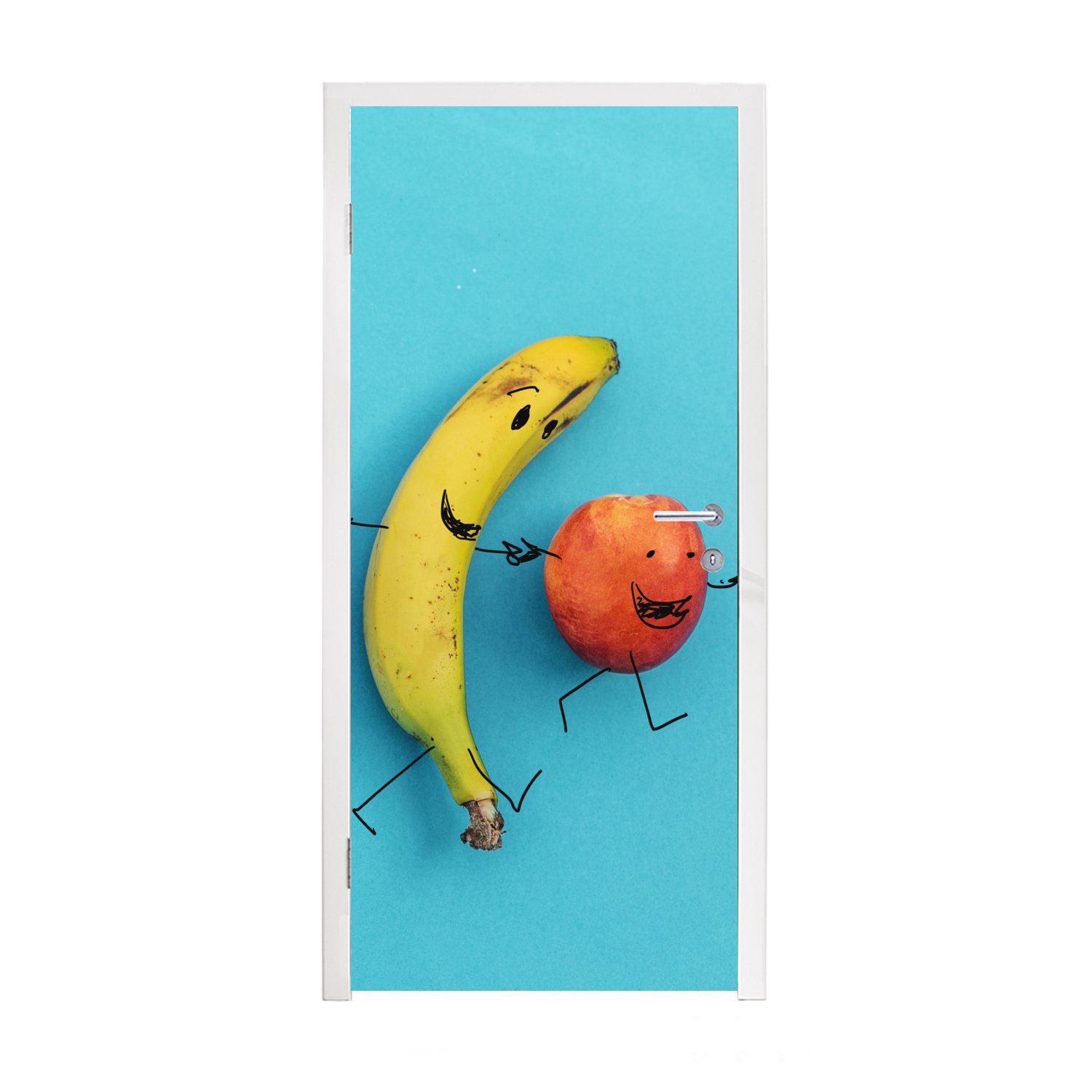 MuchoWow Türtapete Smiley - Obst - Blau, Matt, bedruckt, (1 St), Fototapete für Tür, Türaufkleber, 75x205 cm