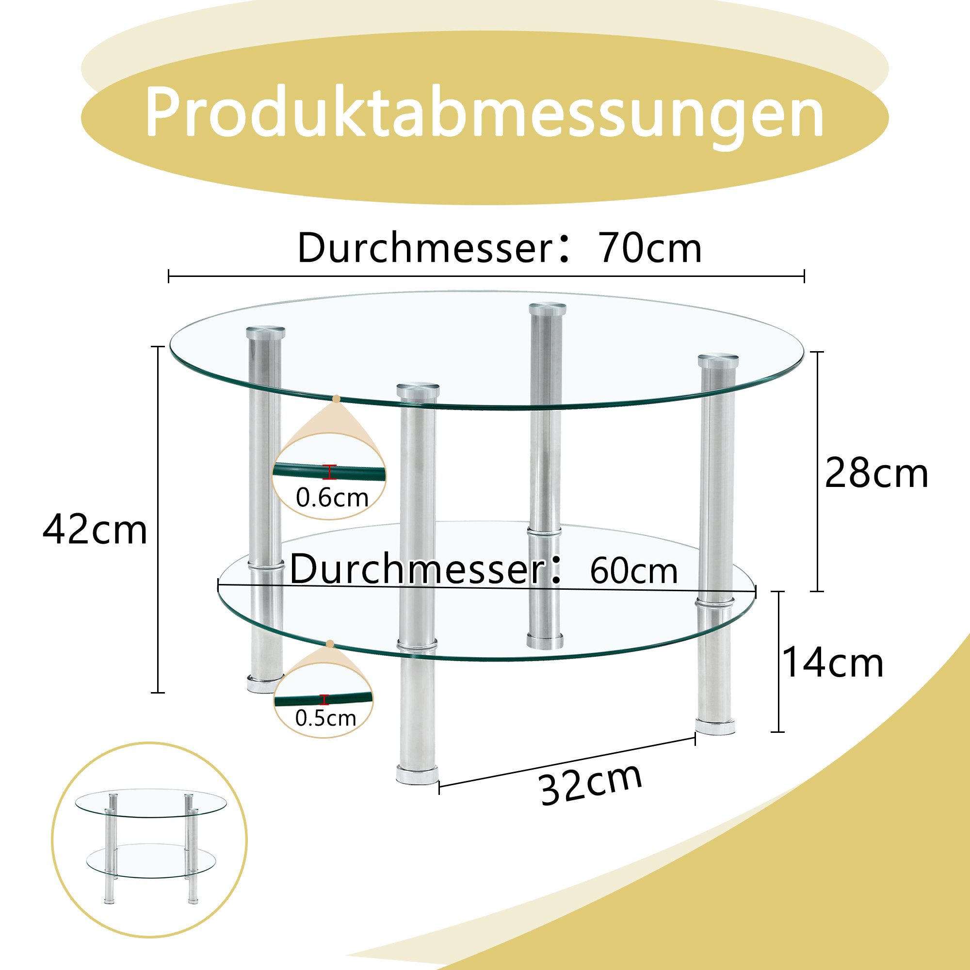 JUFU Couchtisch mit 2 Ebenen aus gehärtetem ESG-Glas & Metallgestell, rund 70 cm Ø (1-St), Modernes Design für Wohnzimmer, kompakt & stabil